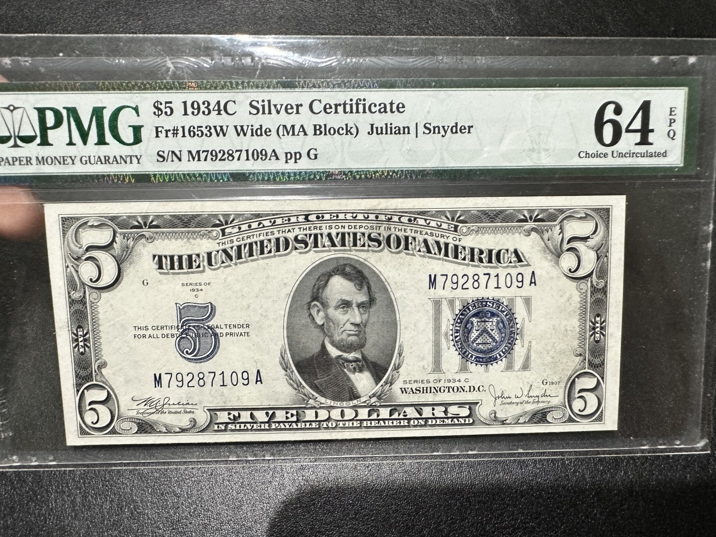 《外钞收藏家》第二百九十五期（连拍第三场） 1934年美国银元券5美元 PMG64E尾9