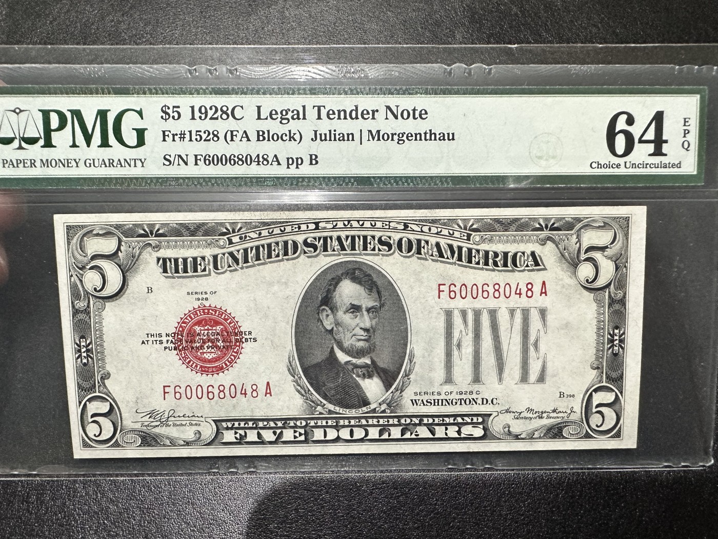 《外钞收藏家》第二百九十五期（连拍第三场） 1928年美国政府券5美元 PMG64E 尾8