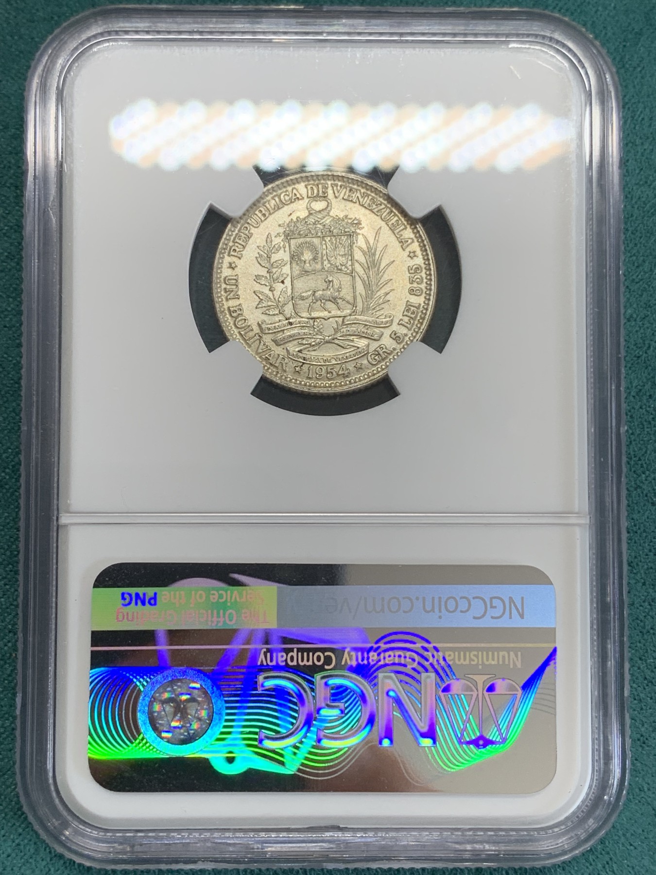 《竞宝斋》第192场-周日，周一 2场 (全场包邮) NGC-MS63 委内瑞拉1954年 1波利瓦尔银币 好品小辅币