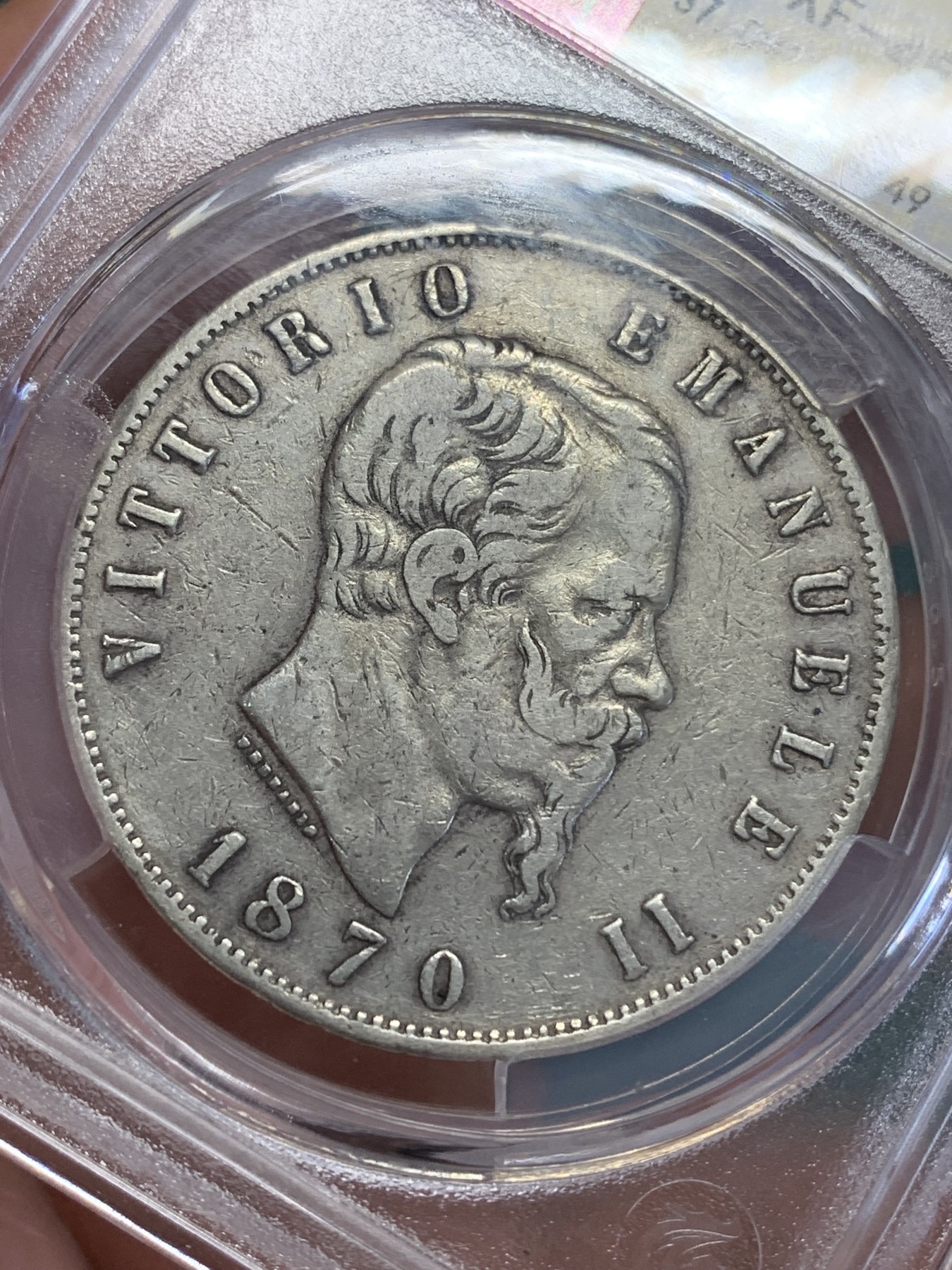 《竞宝斋》第192场-周日，周一 2场 (全场包邮) 中乾评级 XF45 意大利 1870年埃曼纽尔二世5里拉大银币