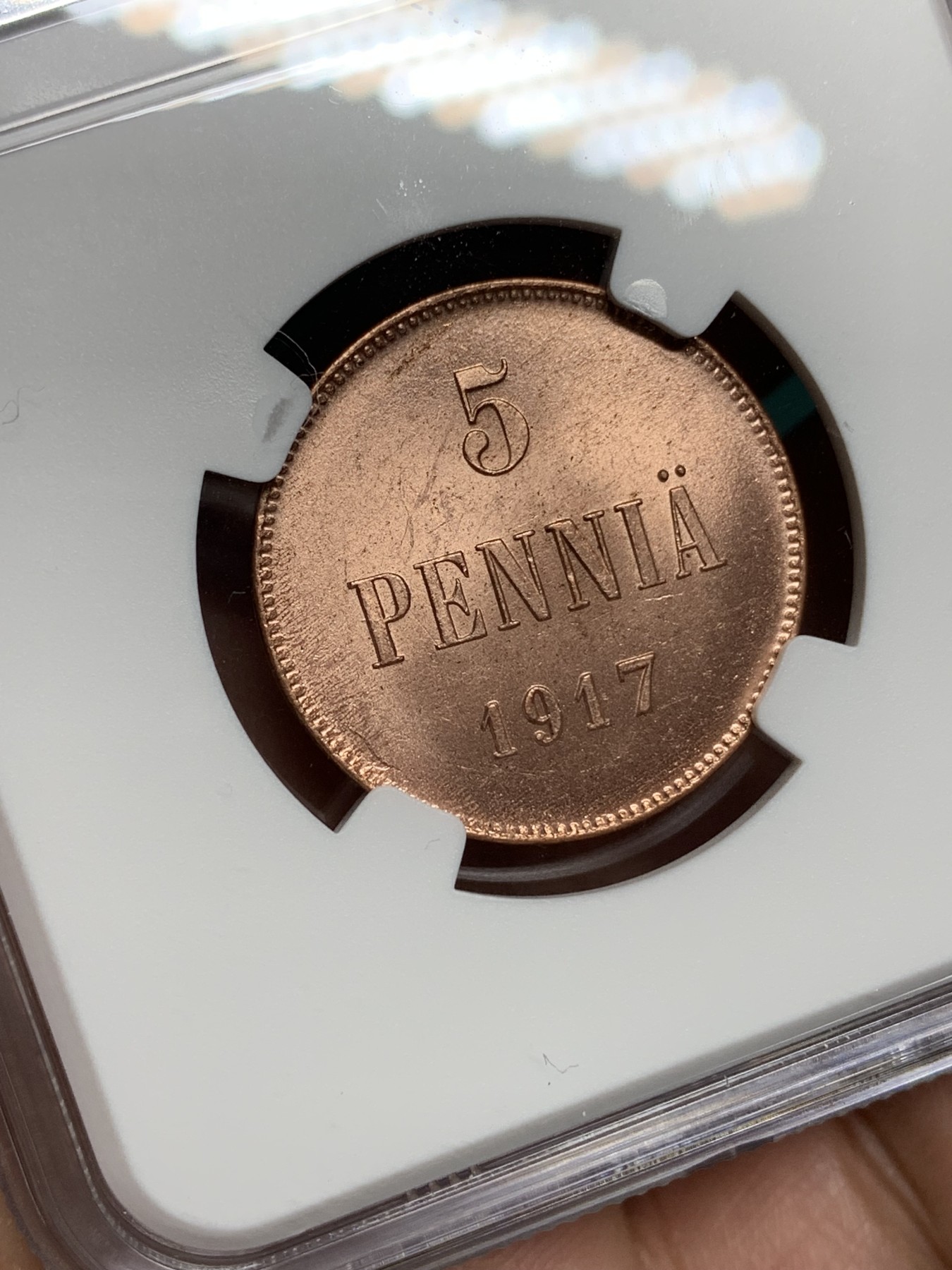 《竞宝斋》第192场-周日，周一 2场 (全场包邮) NGC MS63RD 俄占芬兰1917年克伦斯基临时政府5盆尼铜币，RD不易，一百多年的铜币还能保持如此铜光很难得