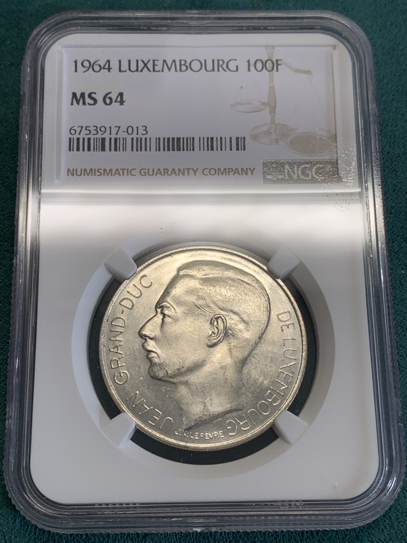 《竞宝斋》第192场-周日，周一 2场 (全场包邮) NGC MS64 卢森堡1964年八任大公让一世100法郎银币