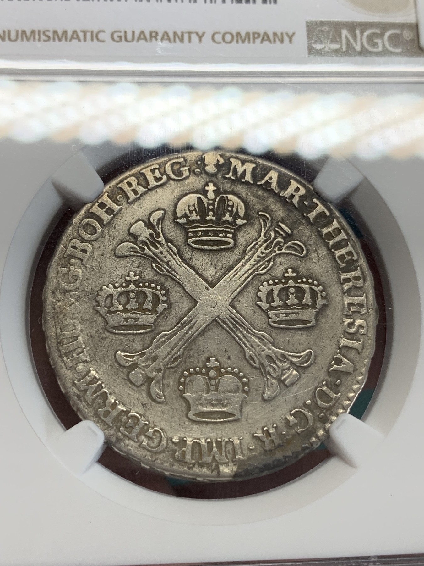 《竞宝斋》第192场-周日，周一 2场 (全场包邮) NGC VF 奥属尼德兰1765年特蕾西娅女王时期1/2泰勒 深打原味 低评状态