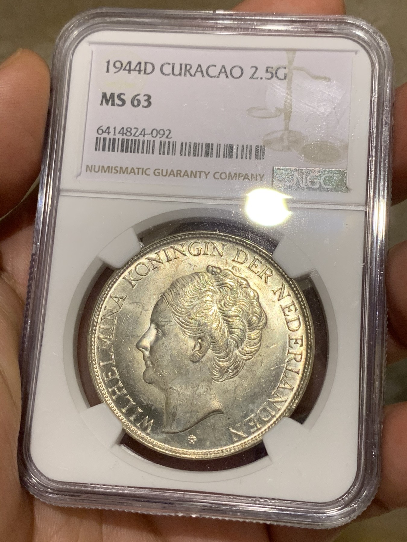 《竞宝斋》第192场-周日，周一 2场 (全场包邮) NGC MS63 荷属库拉索1944年威廉明娜2.5G大银币