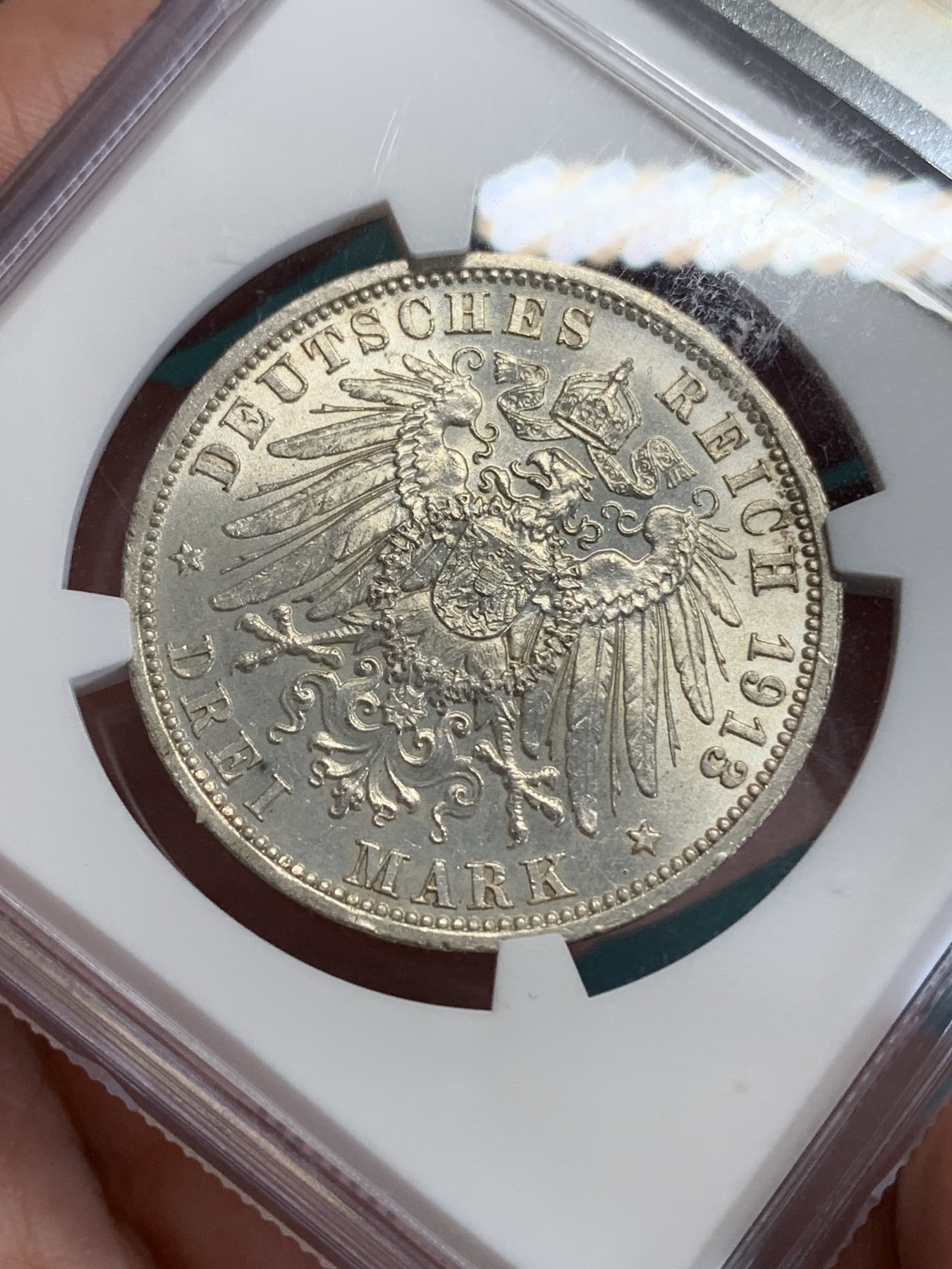 《竞宝斋》第192场-周日，周一 2场 (全场包邮) NGC-MS61 德国1913年普鲁士威廉二世军装版3马克银币