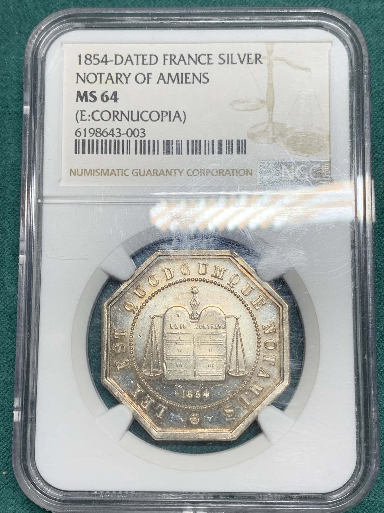 《竞宝斋》第192场-周日，周一 2场 (全场包邮) NGC-MS64 法国1854年亚眠公证处八角银质代币 高分好状态