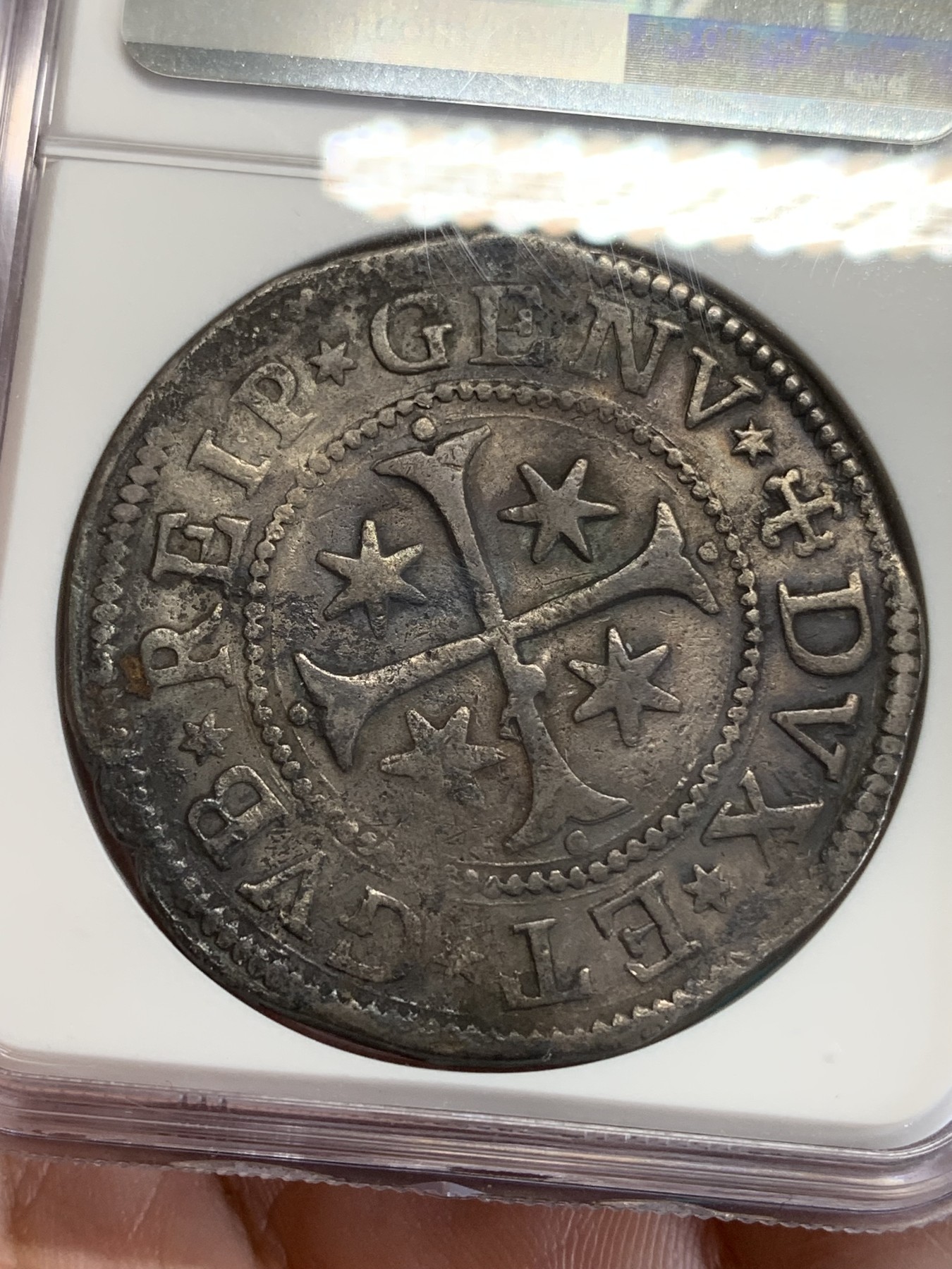 《竞宝斋》第192场-周日，周一 2场 (全场包邮) NGC-VF 意大利1685年 热那亚 圣母抱婴 1斯库多大银币 罕见品种 几乎就是半手打的币