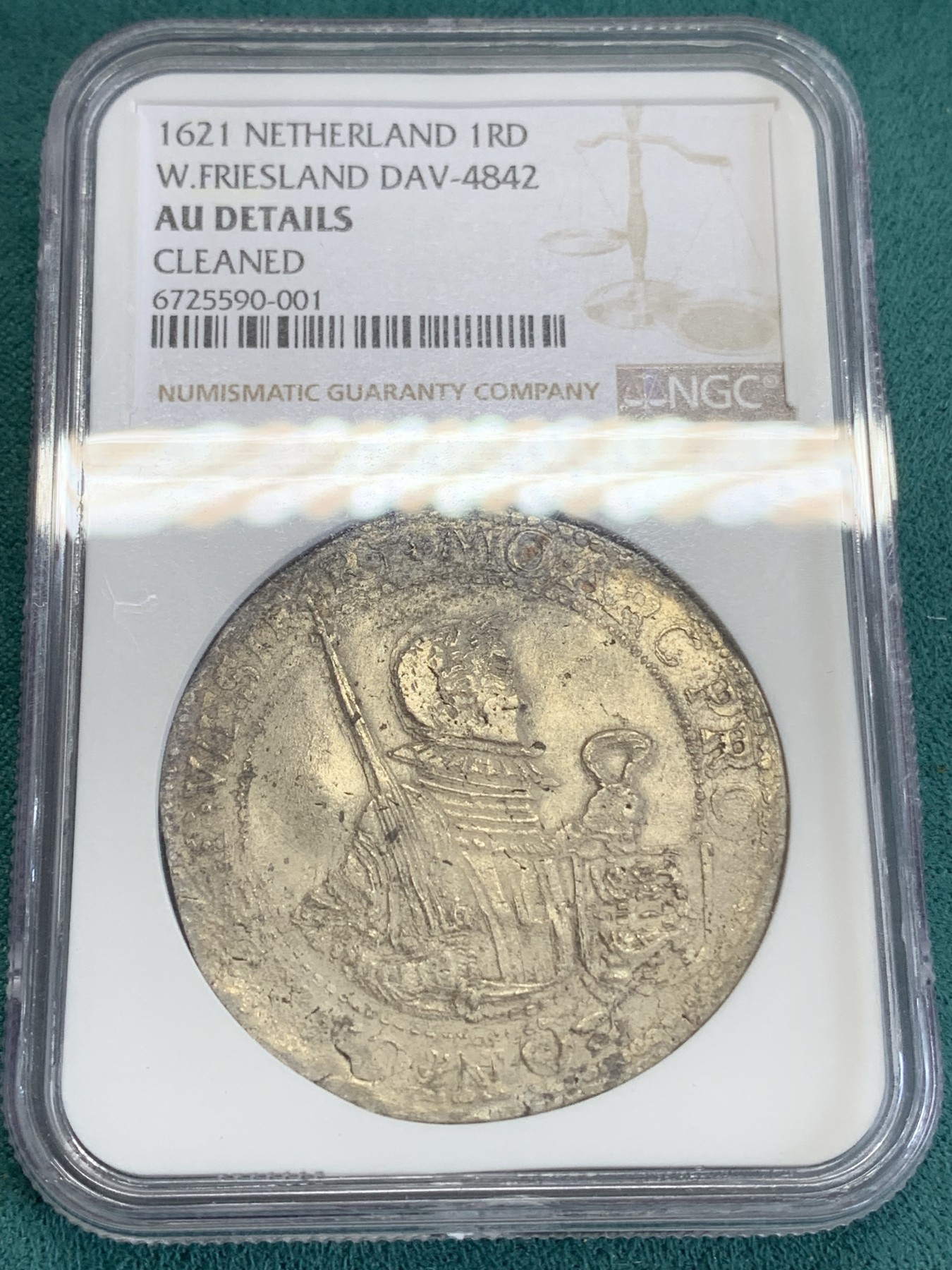 《竞宝斋》第192场-周日，周一 2场 (全场包邮) NGC-AU 荷兰尼德兰 1621年 1RD 大银币 原味包浆 细节突出 非常好