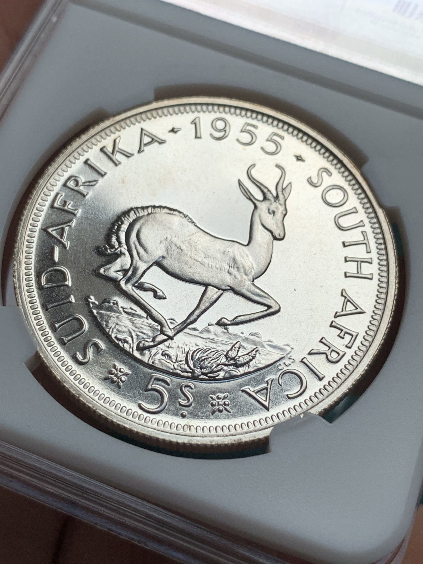《竞宝斋》第192场-周日，周一 2场 (全场包邮) 英属南非1955年伊丽莎白二世5先令跳羚羊大银币
