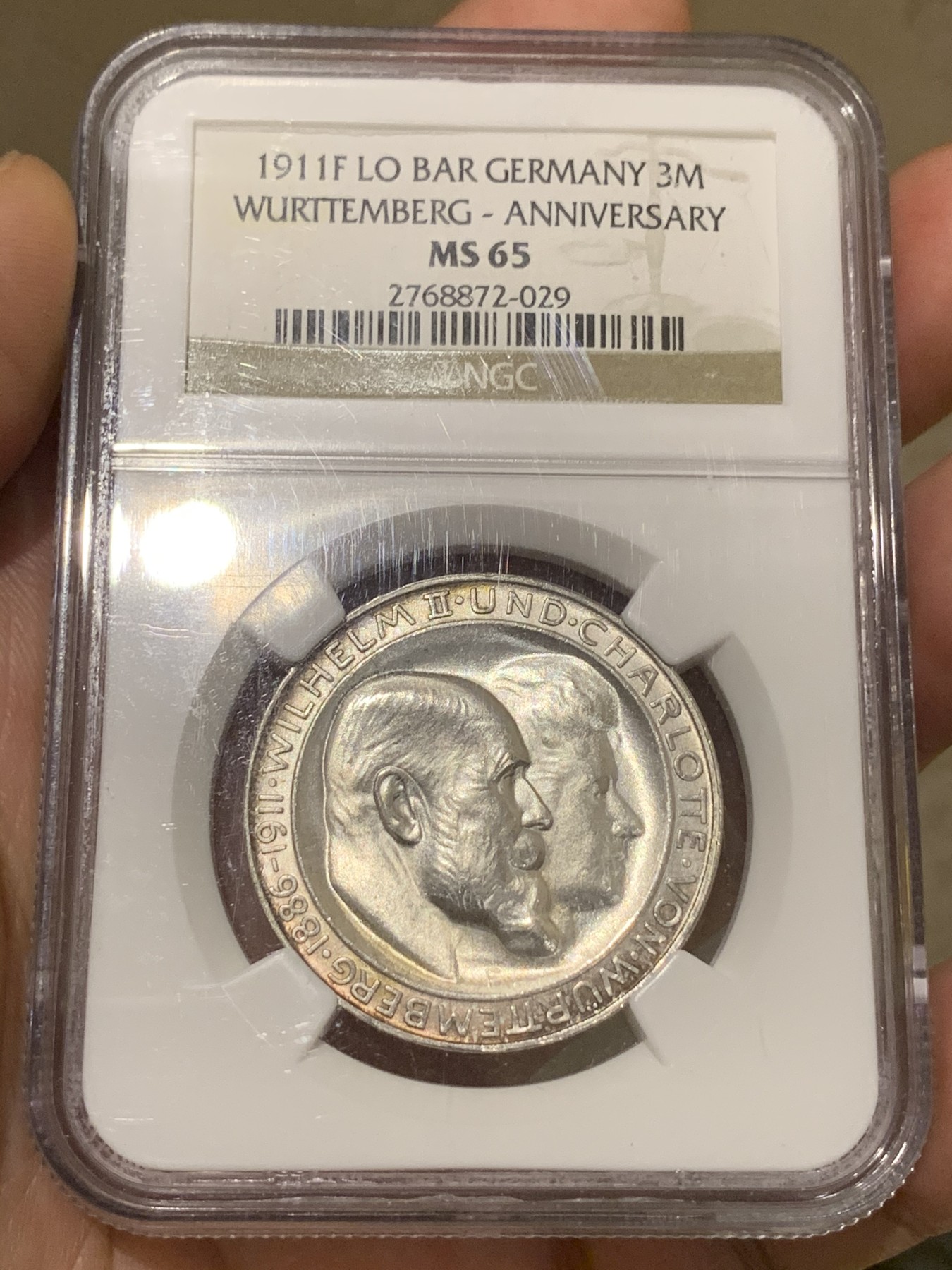 《竞宝斋》第192场-周日，周一 2场 (全场包邮) NGC-MS65 德国1911符腾堡威廉二世3马克纪念银币 高分