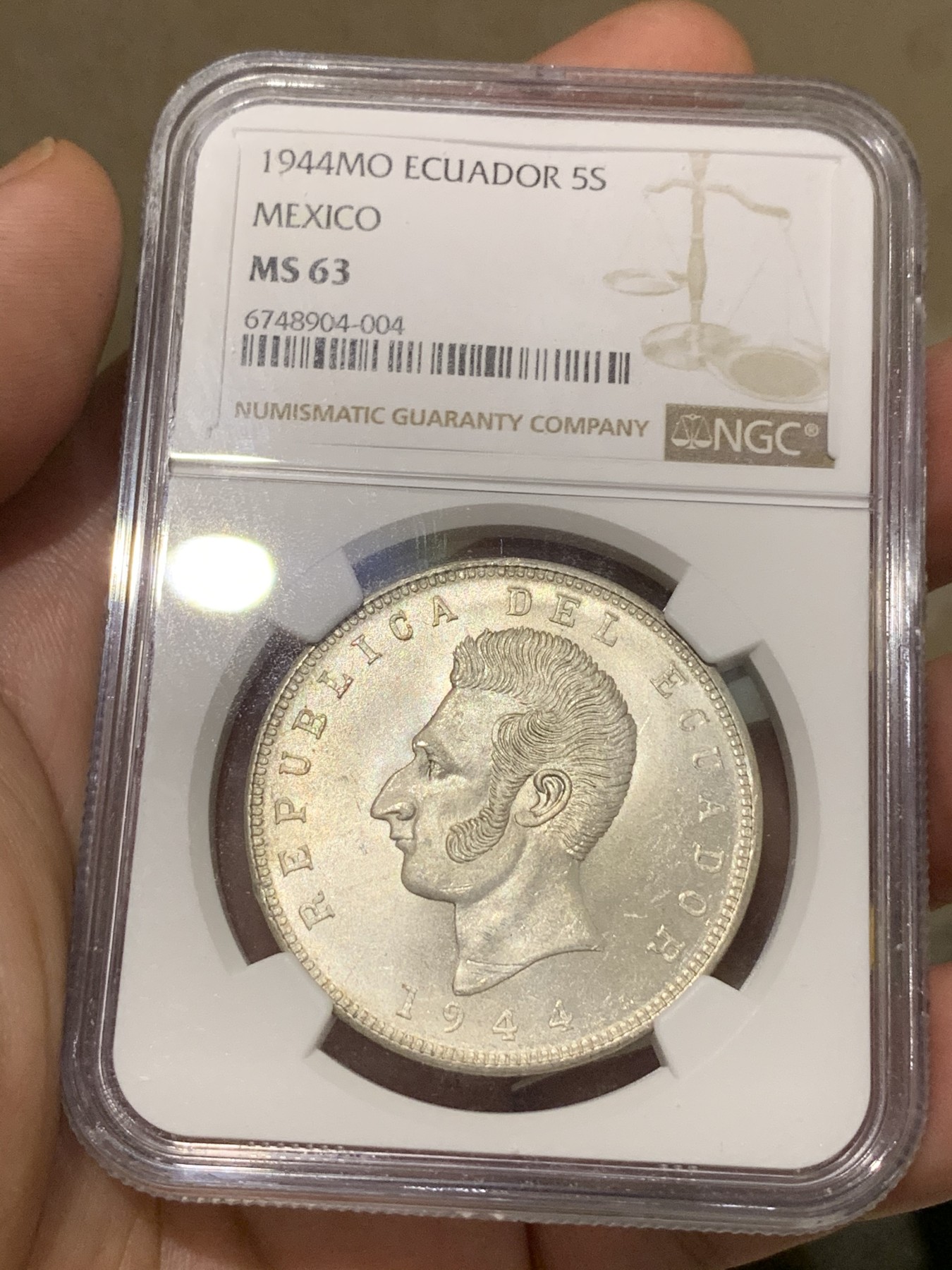 《竞宝斋》第192场-周日，周一 2场 (全场包邮) NGC-MS63 厄瓜多尔1944年5苏克雷银币 bu车轮光