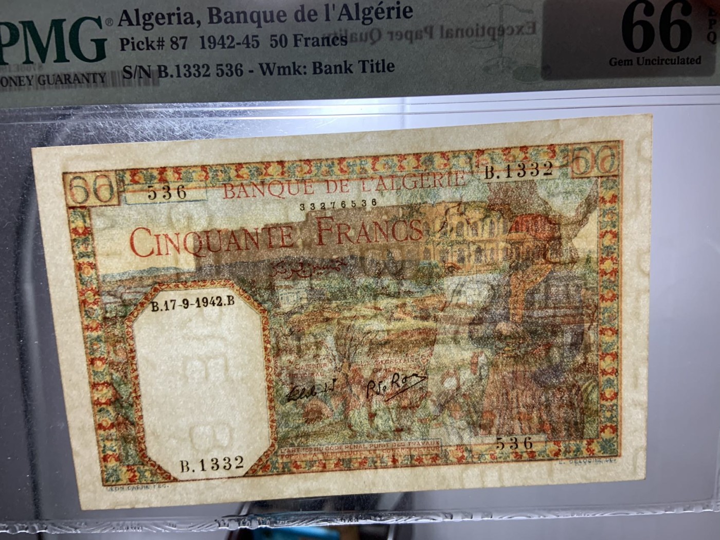 收藏联盟Quantum Auction 第285期拍卖  阿尔及利亚1942-45年50法郎 PMG66 罗马斗兽场古迹