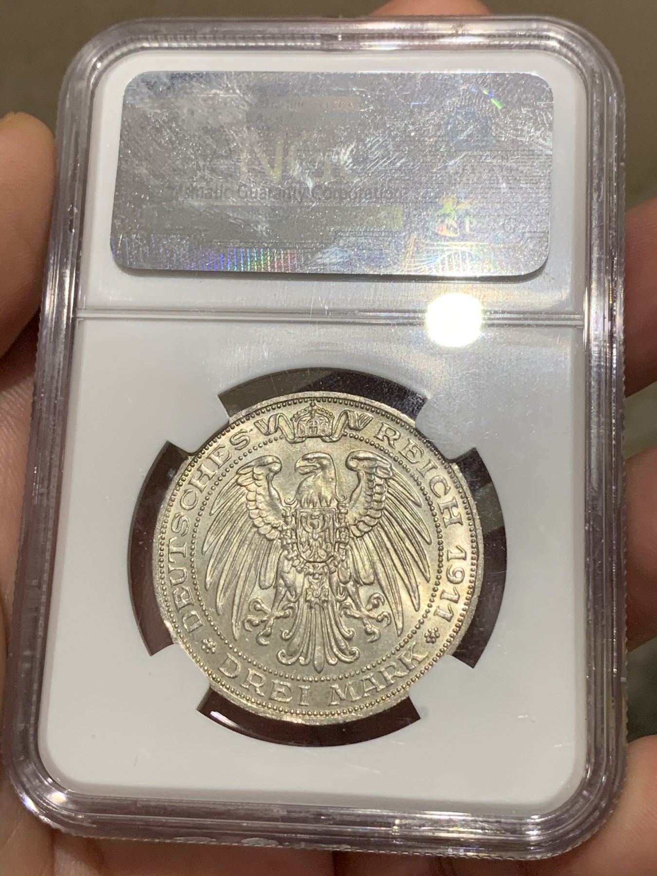 《竞宝斋》第192场-周日，周一 2场 (全场包邮) NGC-MS64 德国普鲁士 1911年 布雷斯劳大学 3马克银币