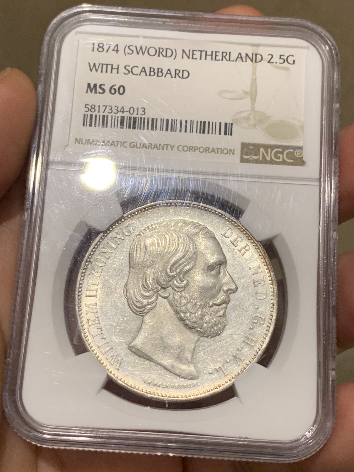 《竞宝斋》第192场-周日，周一 2场 (全场包邮) NGC MS60 荷兰1874年威廉三世2.5盾大银币 原光 MS的少见