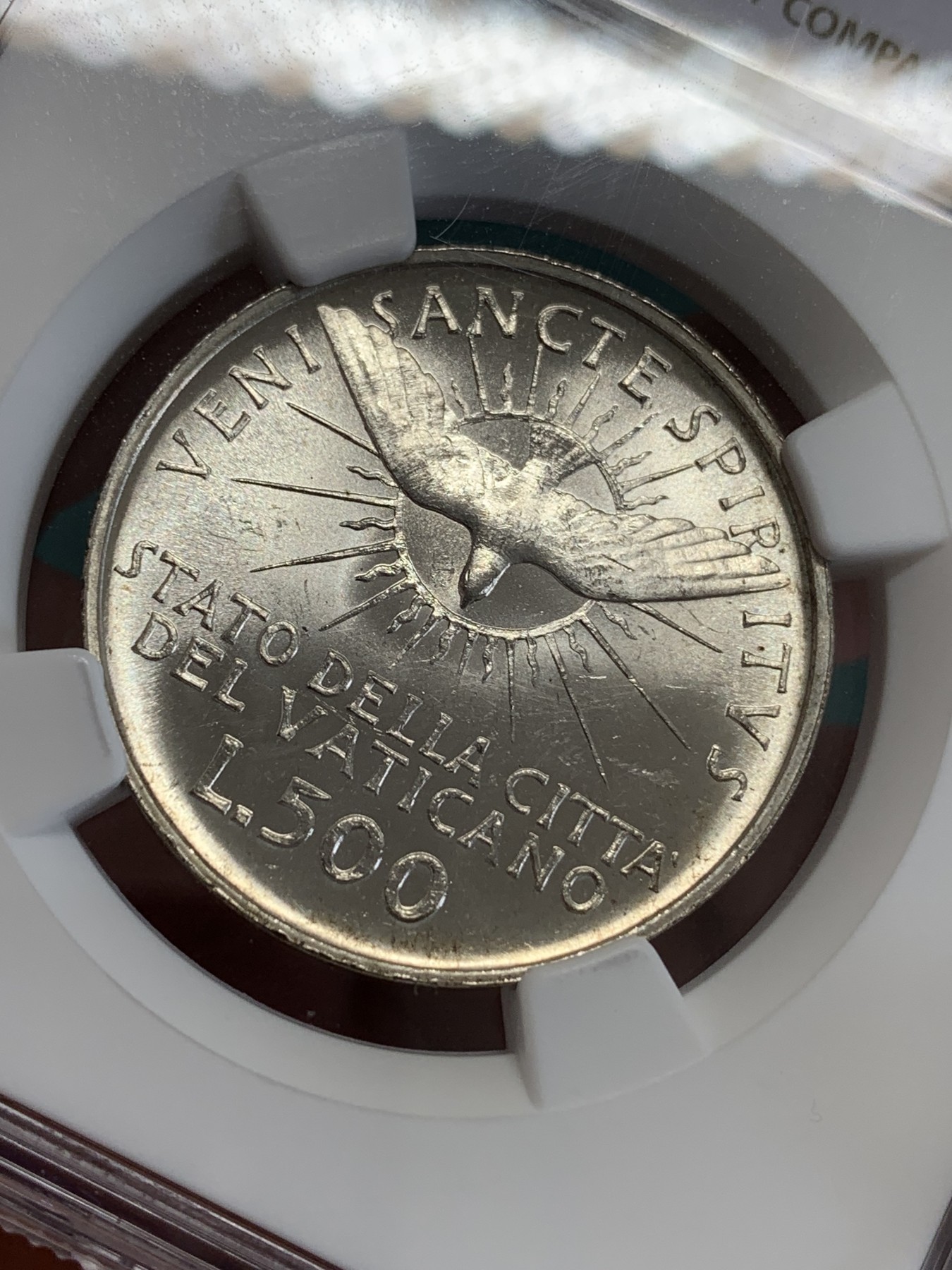 《竞宝斋》第192场-周日，周一 2场 (全场包邮) NGC-MS63 梵蒂冈1963年500里拉缺位银币 转光明显