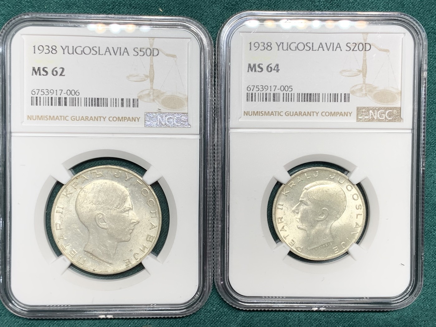 《竞宝斋》第192场-周日，周一 2场 (全场包邮) NGC MS64、MS62 南斯拉夫1938年彼得二世国王20、50第纳尔银币一对