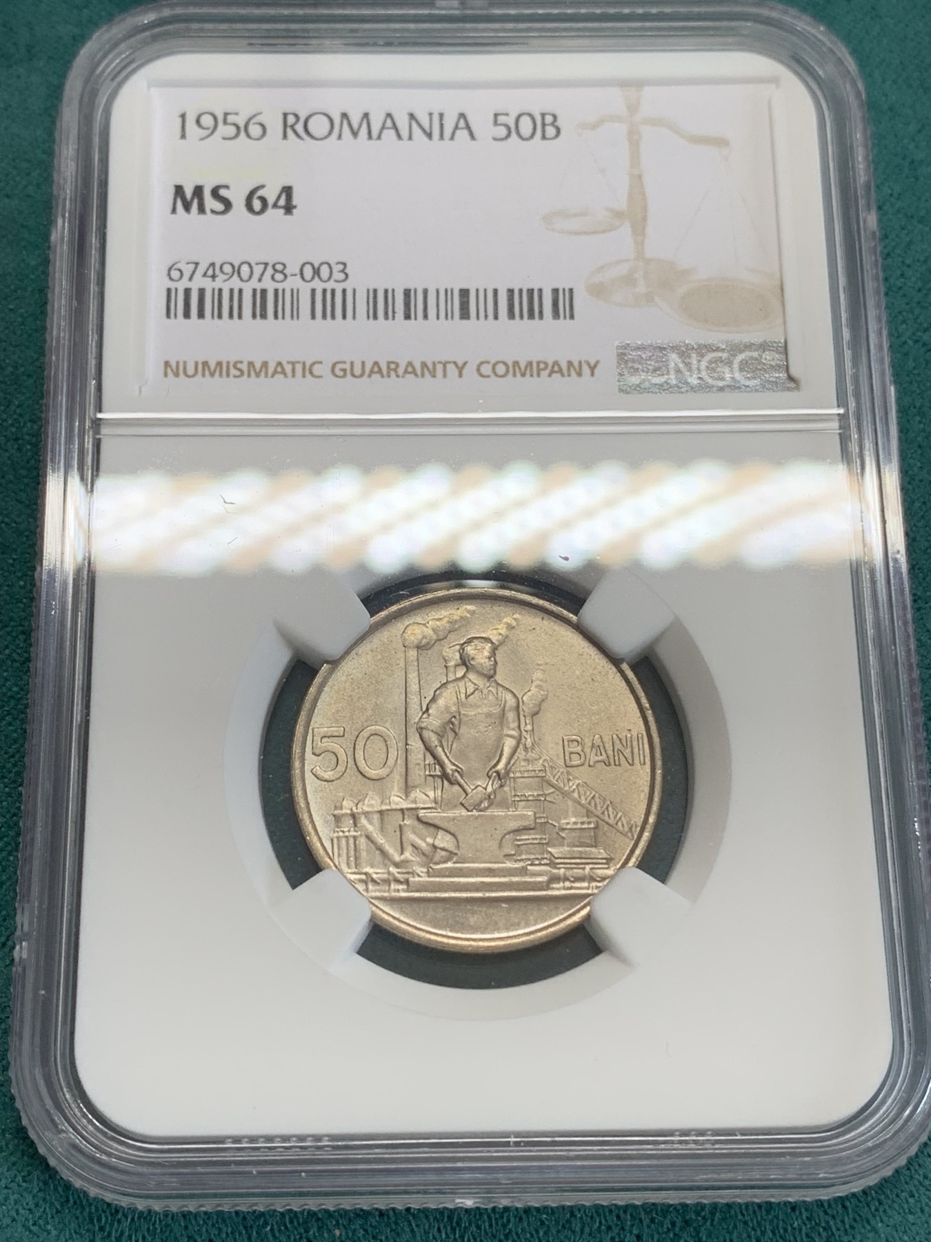 《竞宝斋》第192场-周日，周一 2场 (全场包邮) NGC MS64 高分暴光好品 罗马尼亚1956年50巴尼 社会主义风味浓郁可藏！