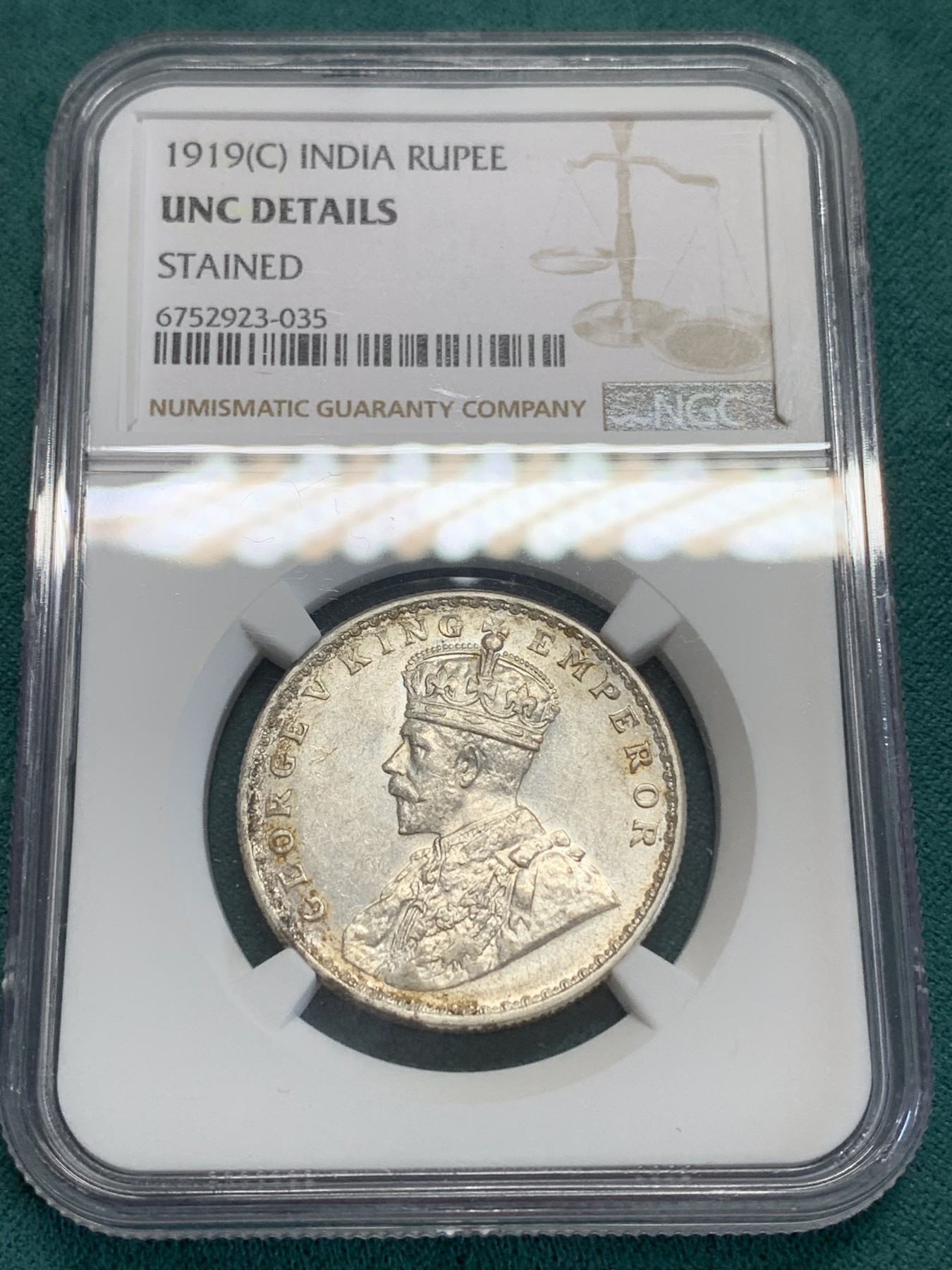 《竞宝斋》第192场-周日，周一 2场 (全场包邮) NGC-UNC 印度 1919年 乔治五世1卢比银币