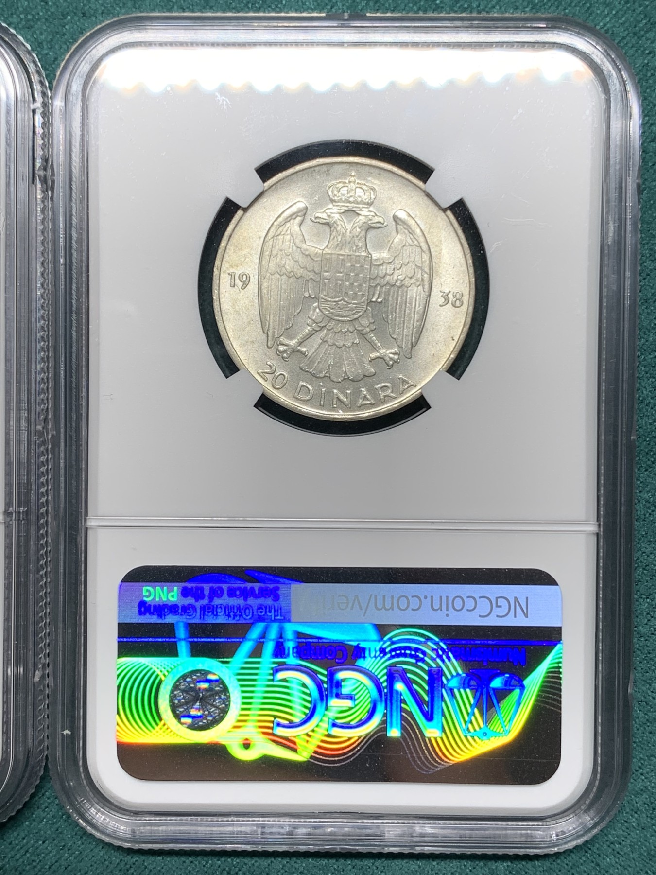 《竞宝斋》第192场-周日，周一 2场 (全场包邮) NGC MS64、MS62 南斯拉夫1938年彼得二世国王20、50第纳尔银币一对