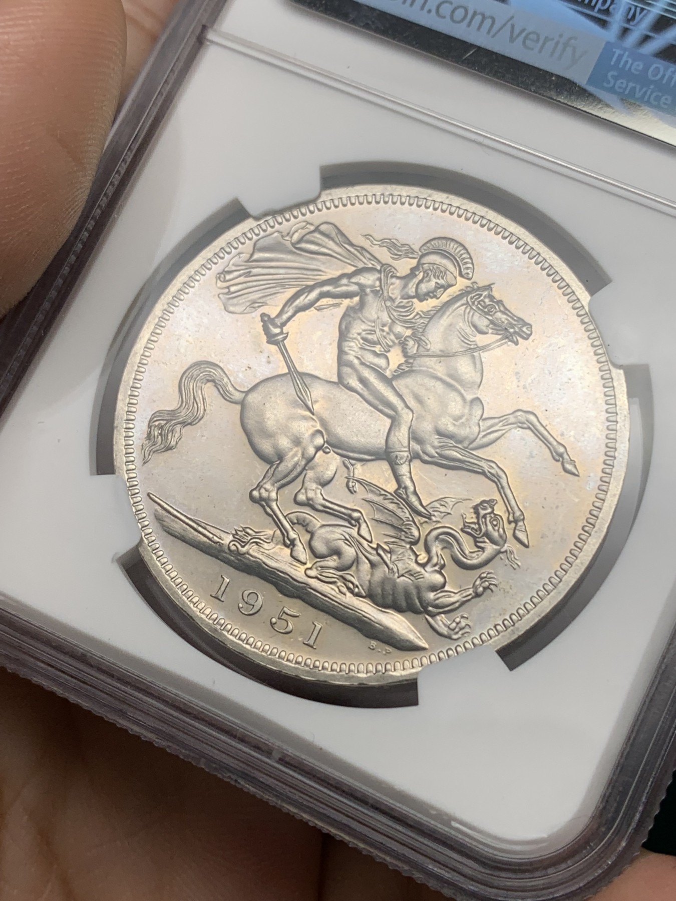 《竞宝斋》第192场-周日，周一 2场 (全场包邮) NGC-PL64 英国 1951年 1克朗 乔治六世 最后的马剑 PL底板 品相好 非常靓