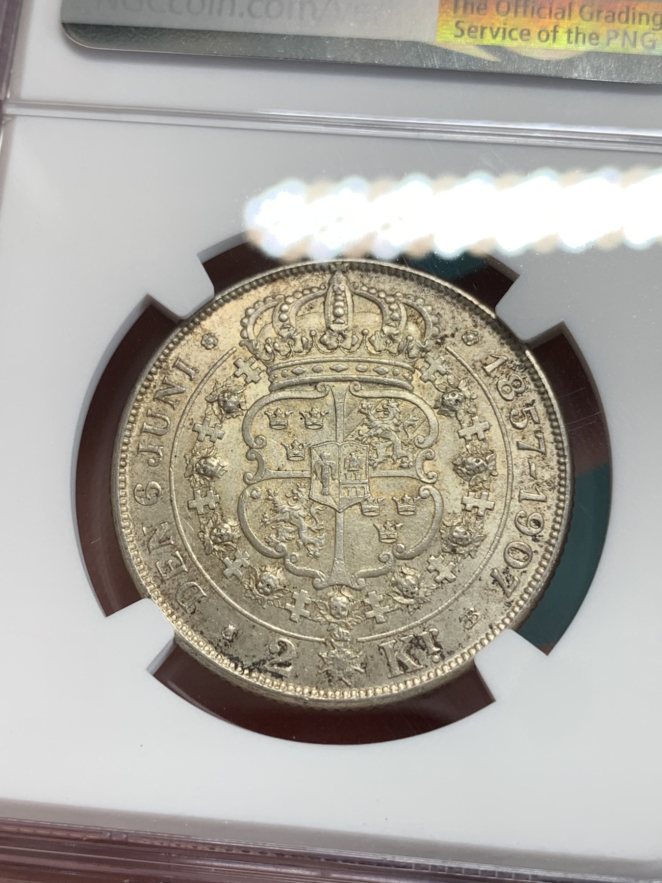 《竞宝斋》第192场-周日，周一 2场 (全场包邮) NGC-MS62 瑞典1907年 金婚2克朗银币