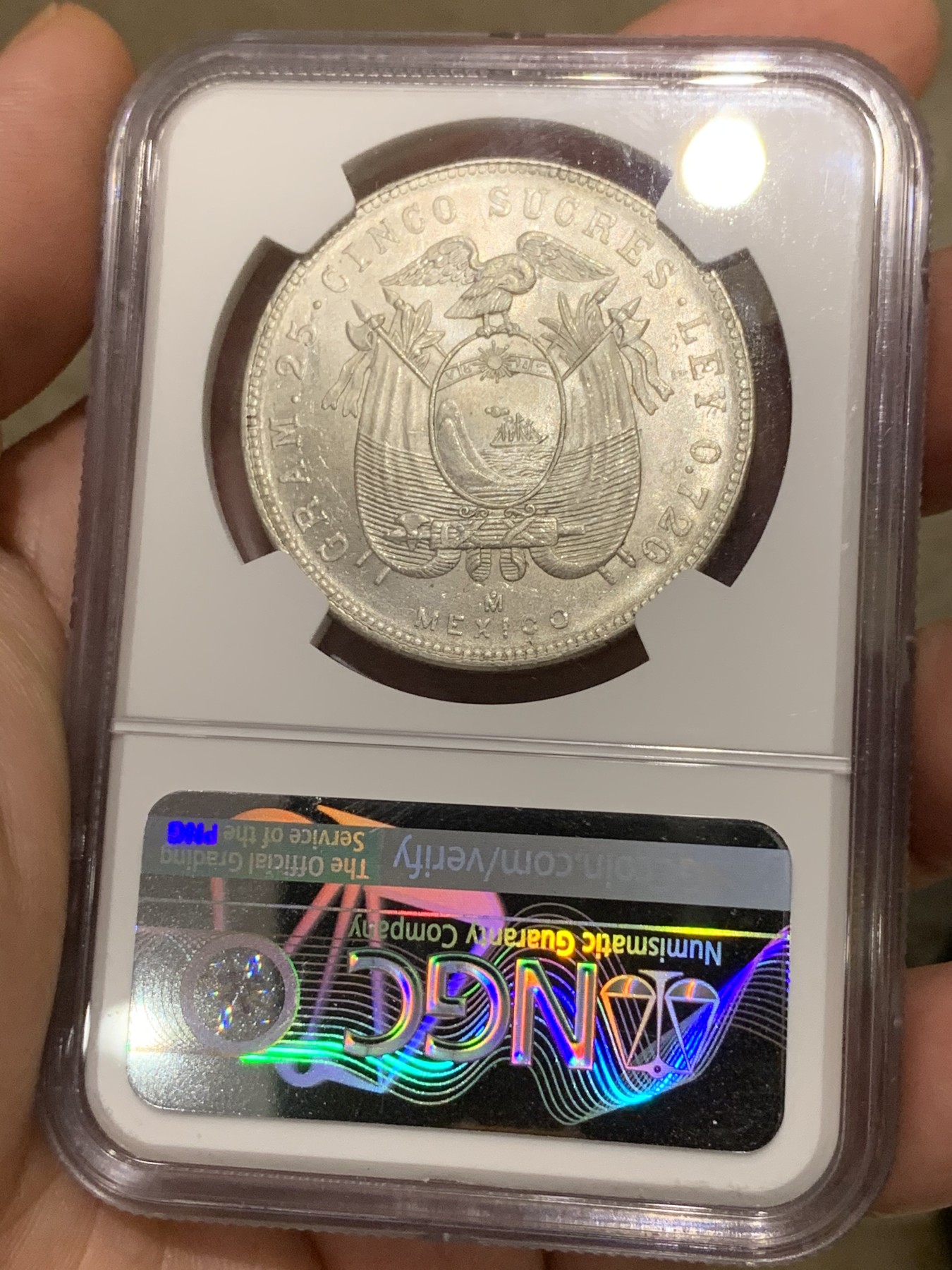 《竞宝斋》第192场-周日，周一 2场 (全场包邮) NGC-MS63 厄瓜多尔1944年5苏克雷银币 bu车轮光