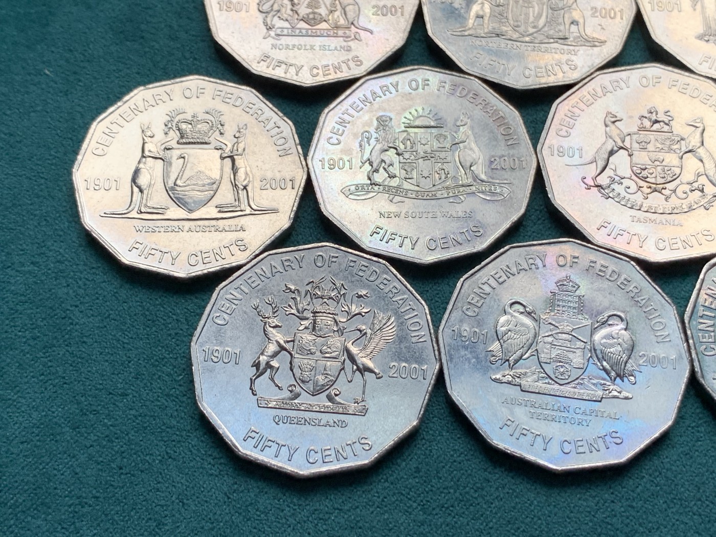 《竞宝斋》第192场-周日，周一 2场 (全场包邮) 澳大利亚2001年联邦百年50分流通纪念币 九枚全