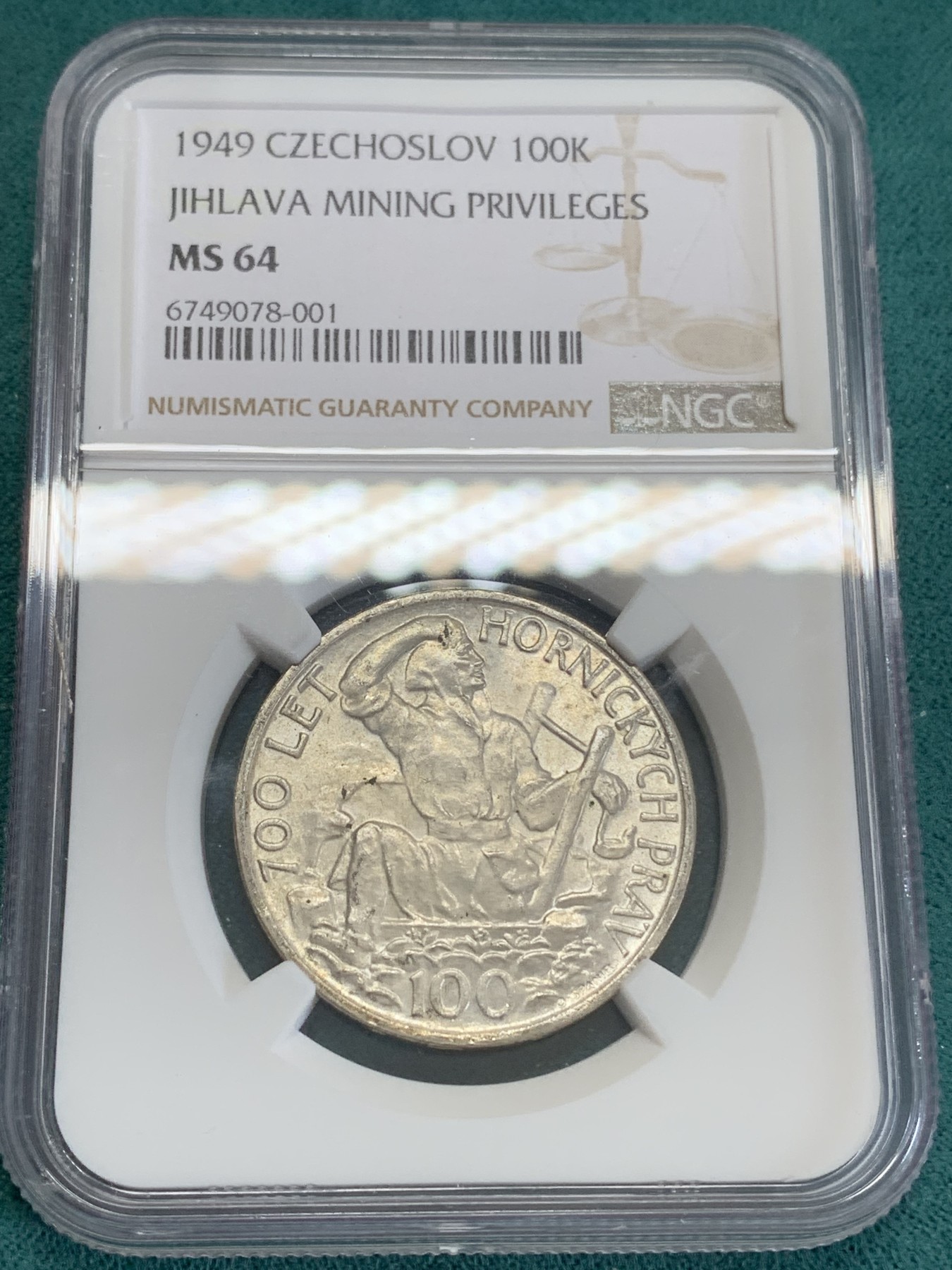 《竞宝斋》第192场-周日，周一 2场 (全场包邮) NGC MS64 高分好品 捷克斯洛伐克1949年100克朗银币