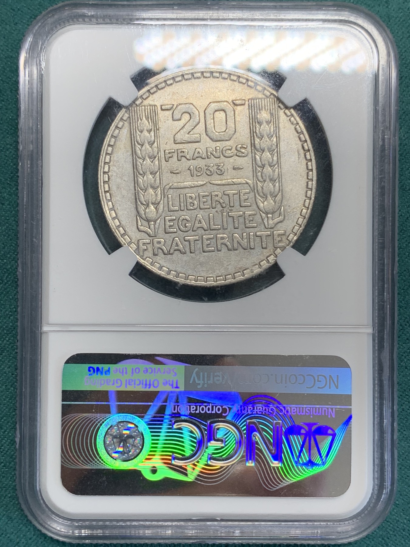 《竞宝斋》第192场-周日，周一 2场 (全场包邮) NGC-AU 法国 1933年女神20法郎银币20g 清洗痕迹轻微
