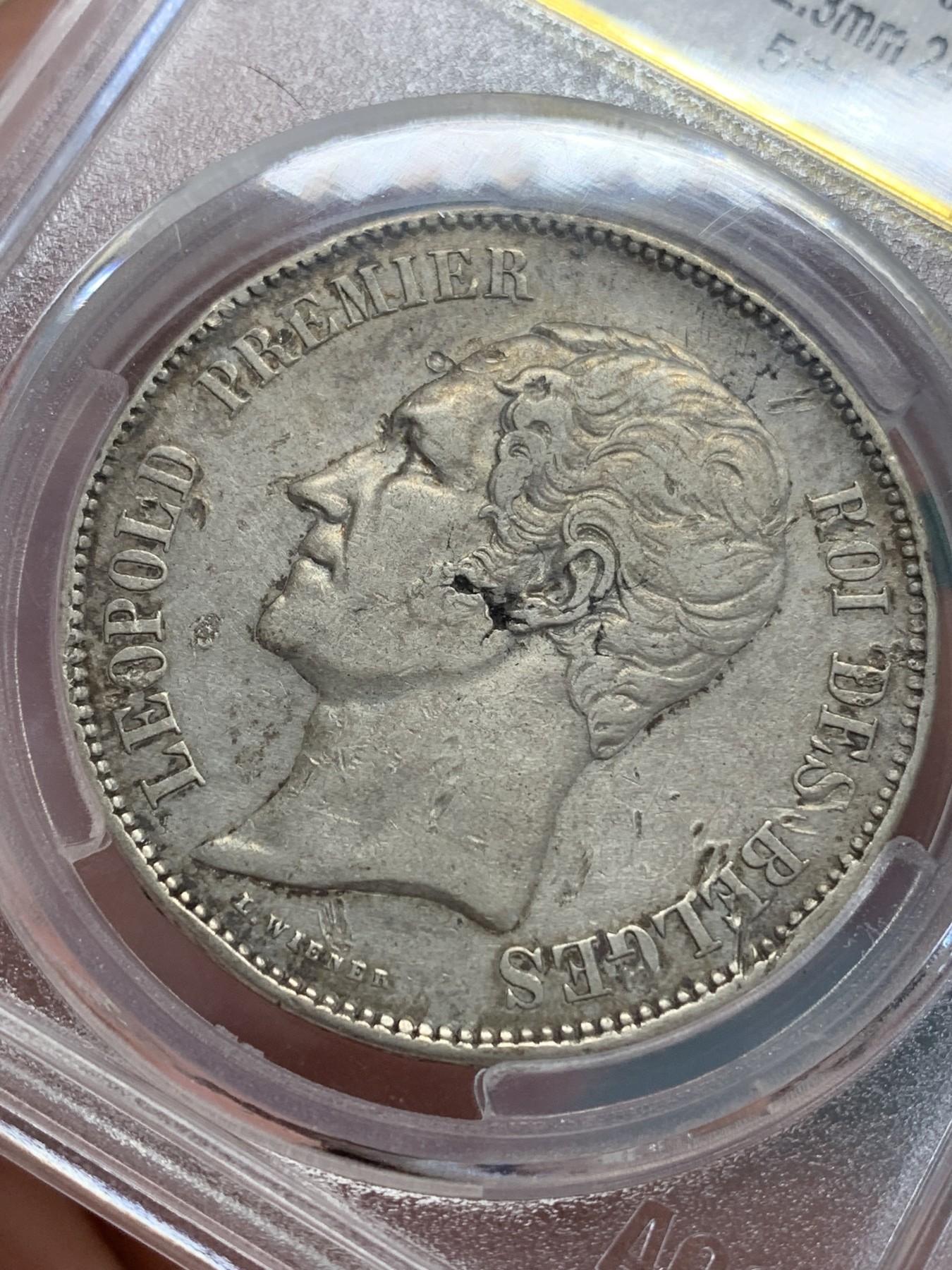 《竞宝斋》第192场-周日，周一 2场 (全场包邮) 爱藏XF 比利时1850年利奥波德一世5法郎银币 细节见图 耳部有铸缺