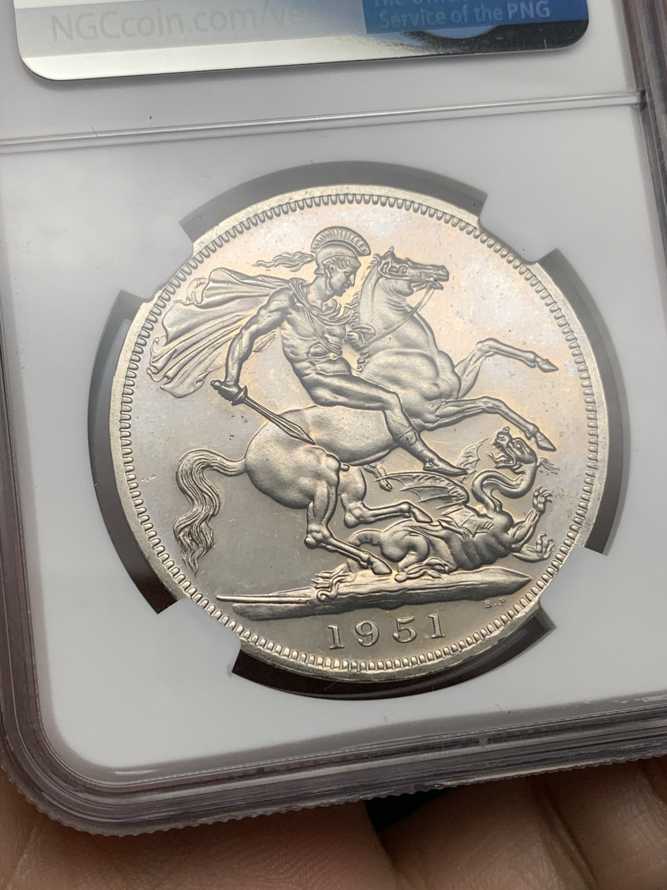 《竞宝斋》第192场-周日，周一 2场 (全场包邮) NGC-PL64 英国 1951年 1克朗 乔治六世 最后的马剑 PL底板 品相好 非常靓