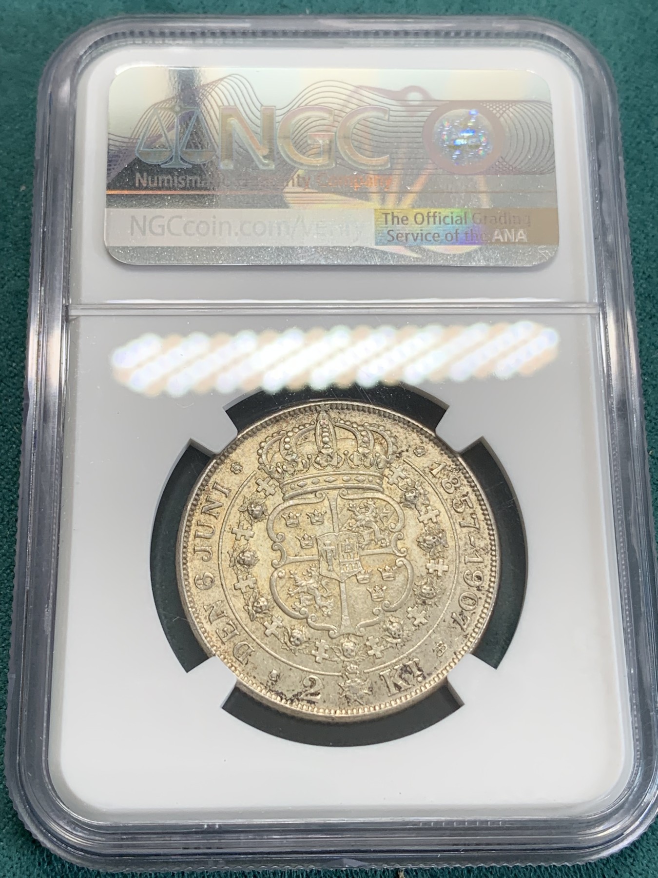 《竞宝斋》第192场-周日，周一 2场 (全场包邮) NGC-MS62 瑞典1907年 金婚2克朗银币