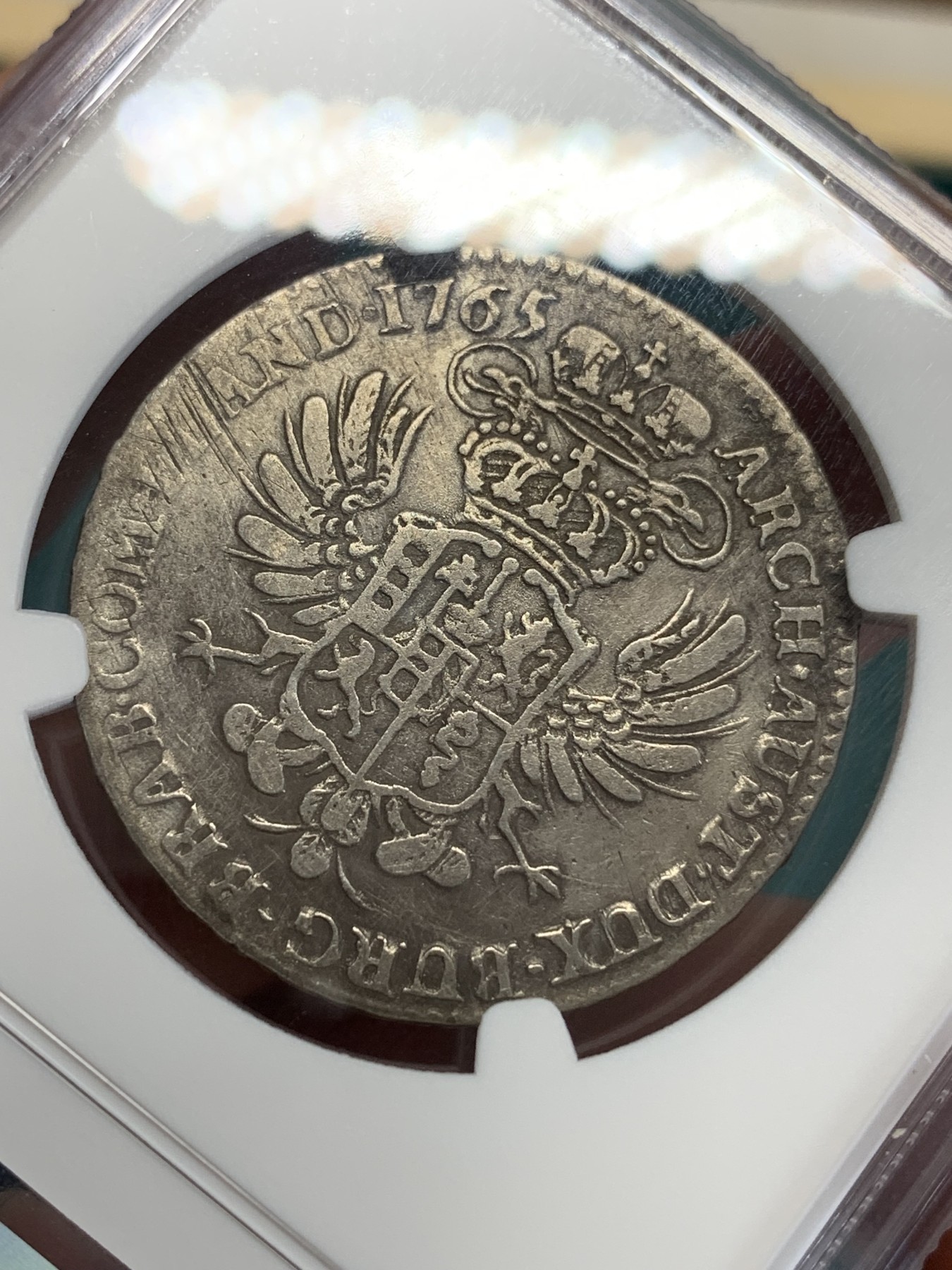 《竞宝斋》第192场-周日，周一 2场 (全场包邮) NGC VF 奥属尼德兰1765年特蕾西娅女王时期1/2泰勒 深打原味 低评状态