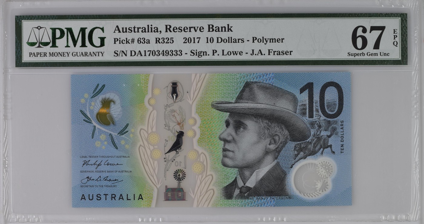 收藏联盟Quantum Auction 第285期拍卖  澳大利亚2017年10元豹子号333 PMG67