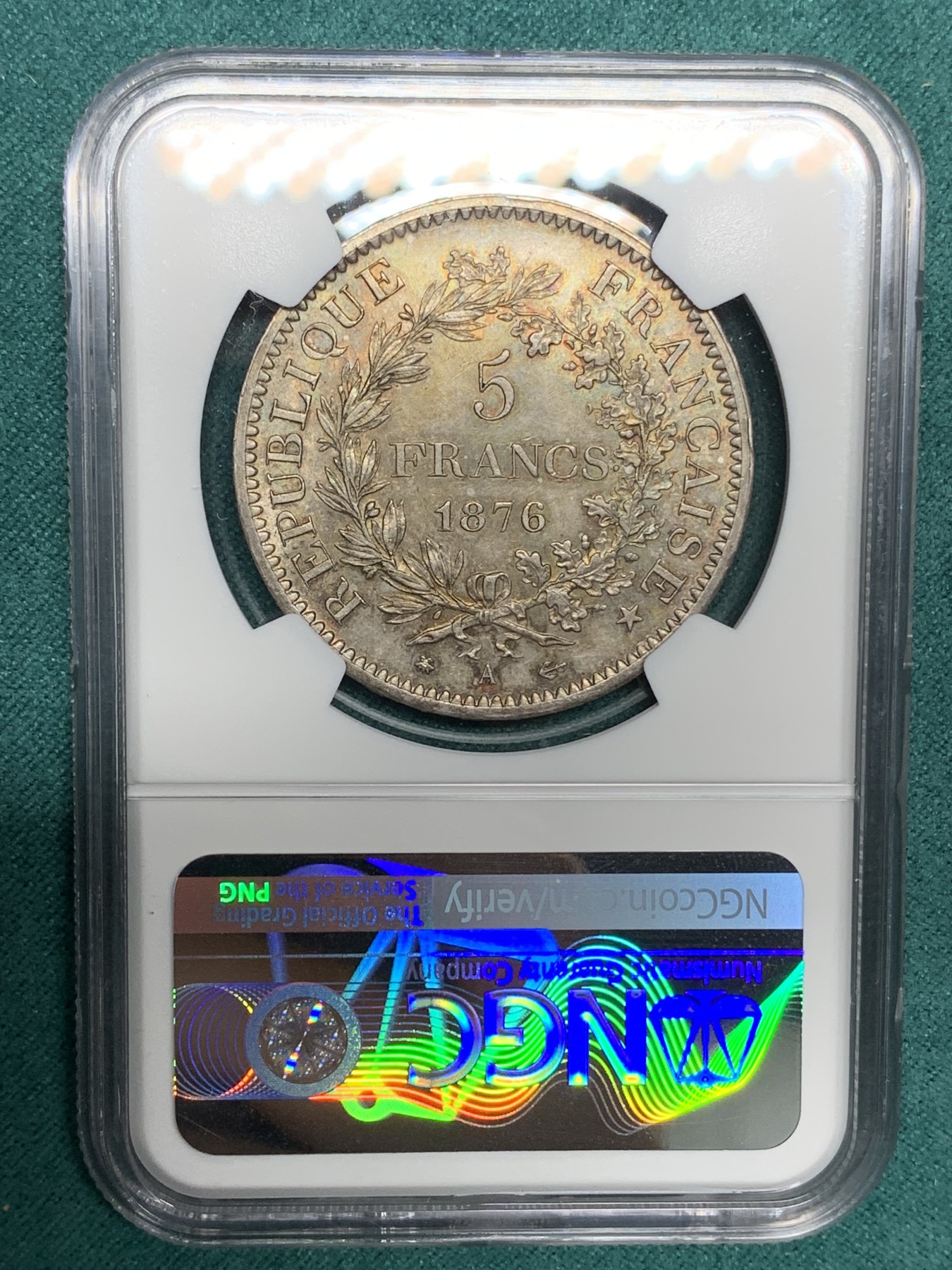 《竞宝斋》第192场-周日，周一 2场 (全场包邮) NGC UNC 法国1876年A版大力神5法郎银币