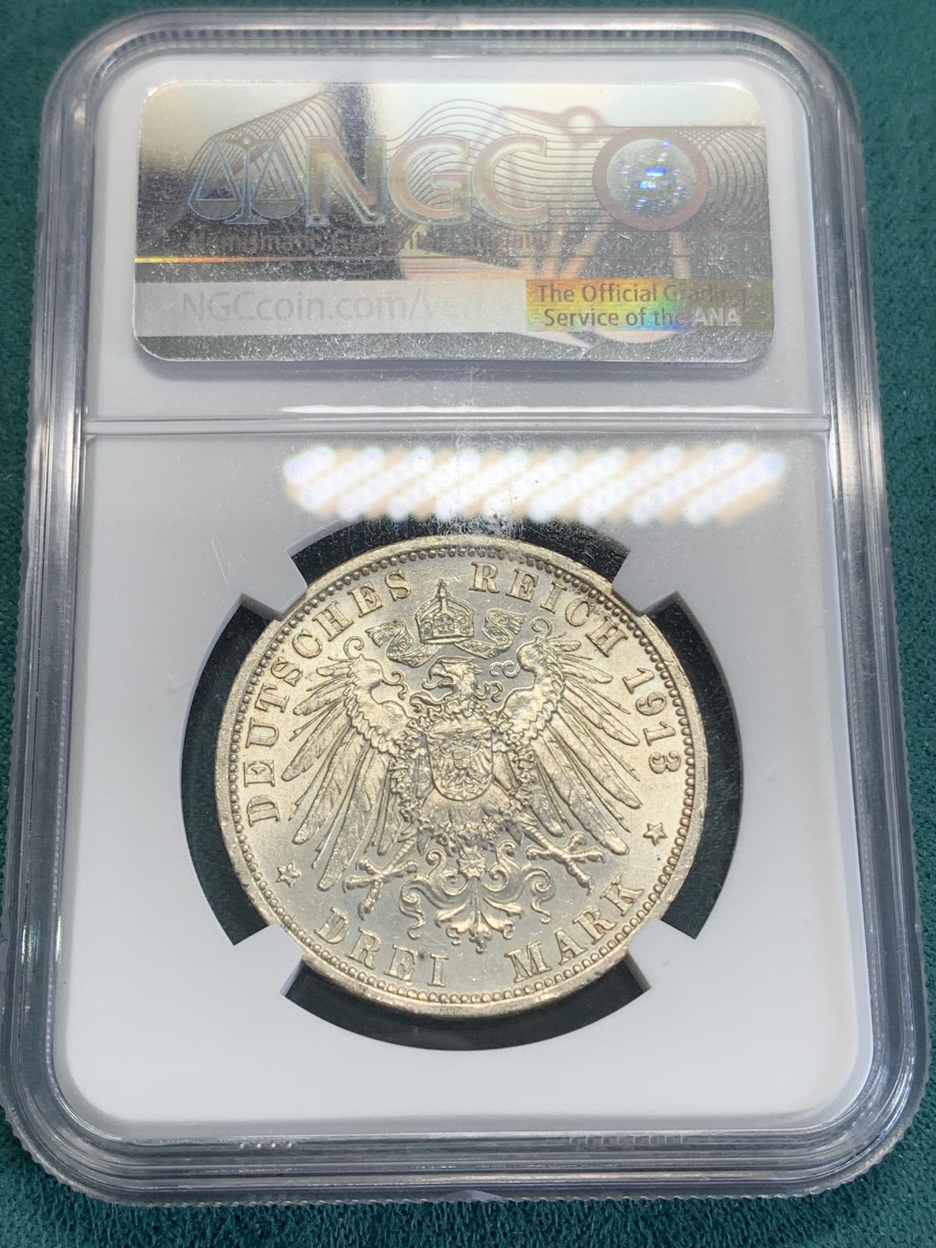 《竞宝斋》第192场-周日，周一 2场 (全场包邮) NGC-MS61 德国1913年普鲁士威廉二世军装版3马克银币