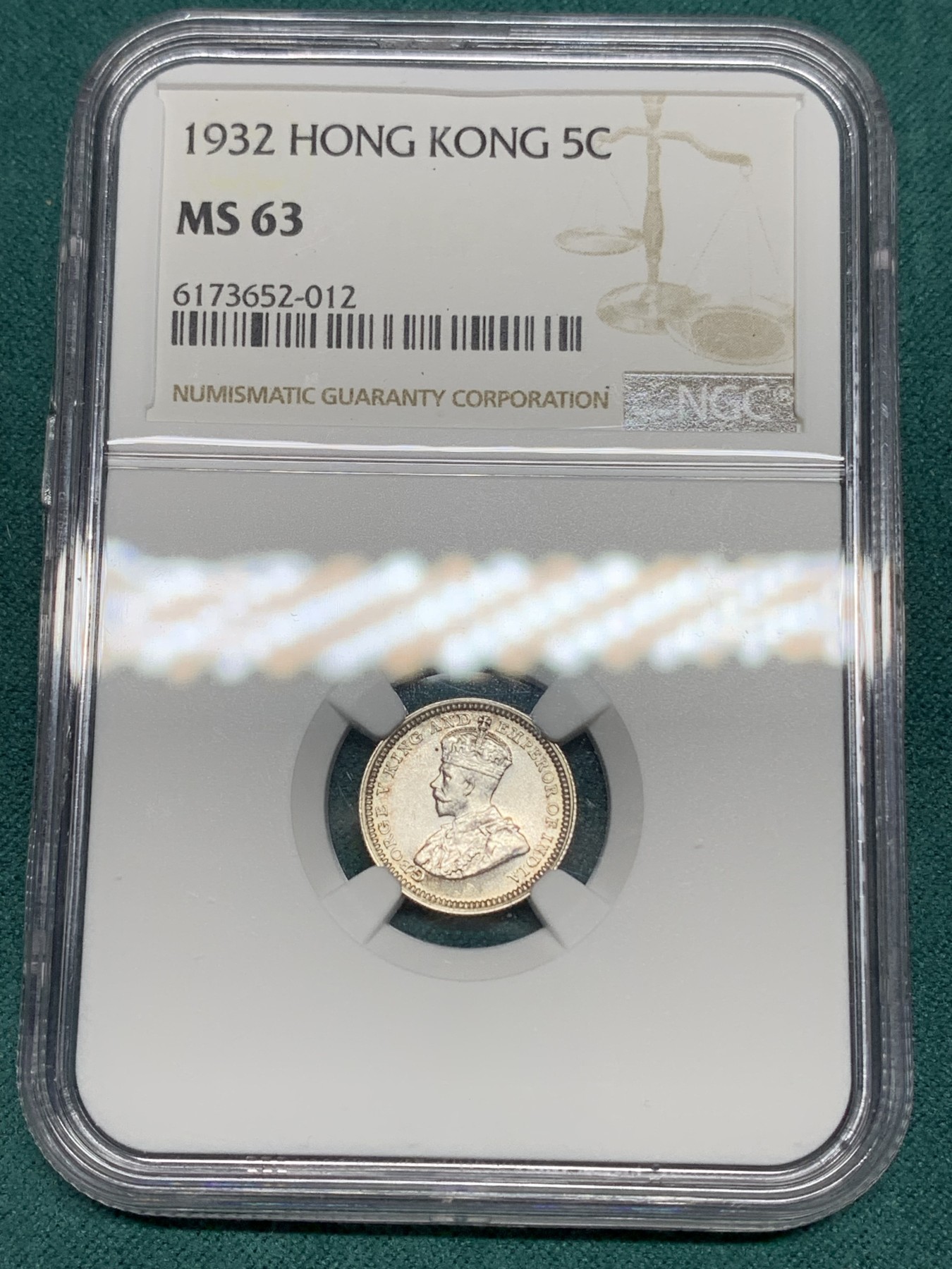 《竞宝斋》第192场-周日，周一 2场 (全场包邮) NGC-MS63 香港 1932年 5仙 乔治五世 银币