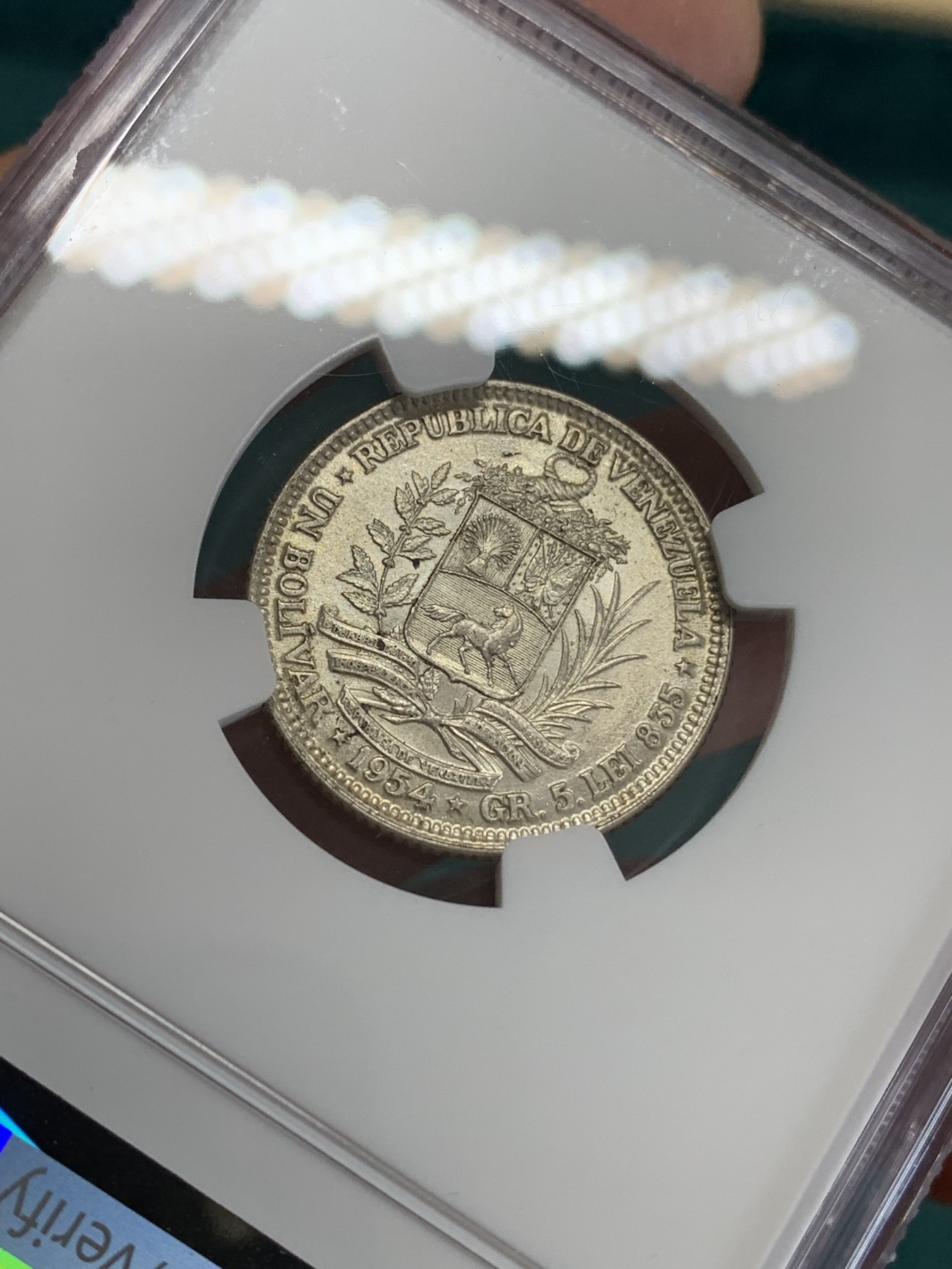 《竞宝斋》第192场-周日，周一 2场 (全场包邮) NGC-MS63 委内瑞拉1954年 1波利瓦尔银币 好品小辅币