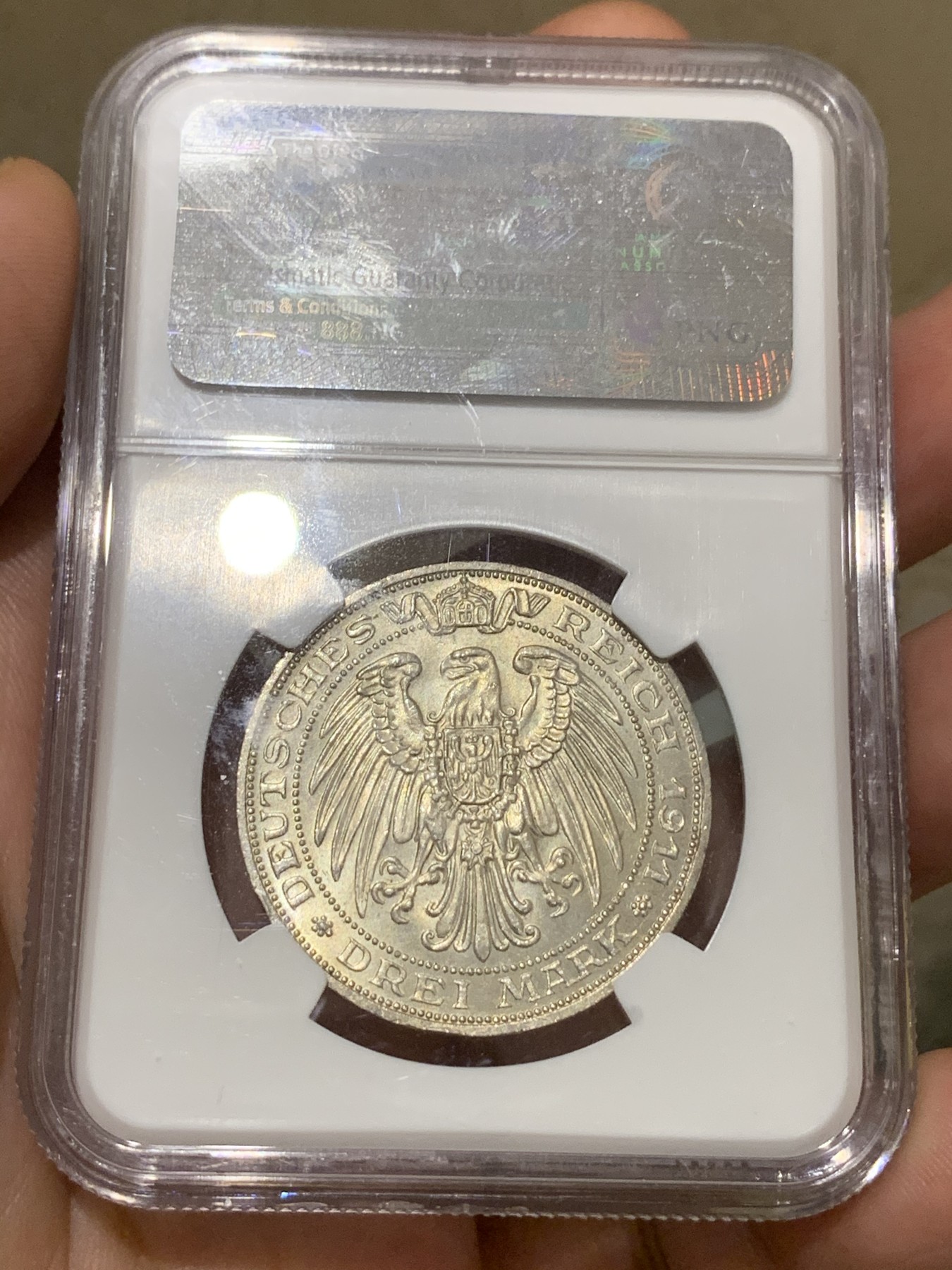 《竞宝斋》第192场-周日，周一 2场 (全场包邮) NGC-MS64 德国普鲁士 1911年 布雷斯劳大学 3马克银币