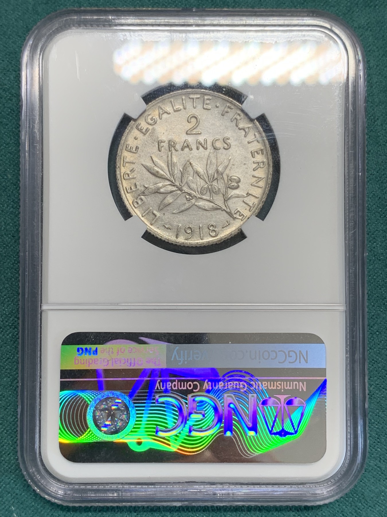 《竞宝斋》第192场-周日，周一 2场 (全场包邮) NGC-UNC 法国 1918年播种女神2法郎银币 细节好 清洗痕迹轻微