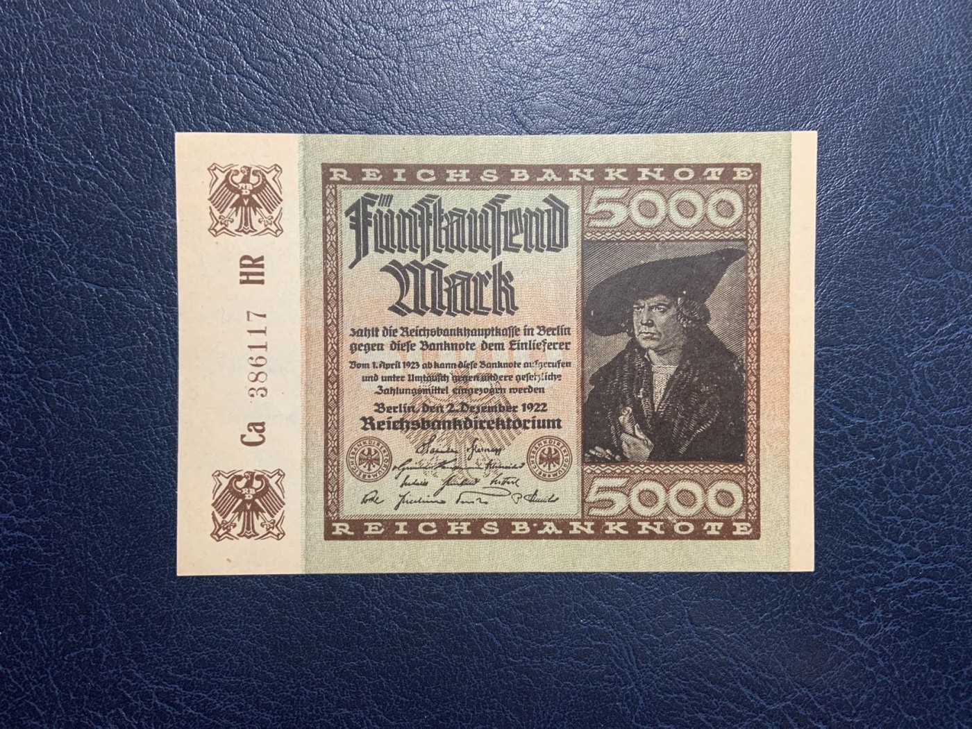 收藏联盟Quantum Auction 第285期拍卖  德国1922年5000马克 品相UNC 票面有瑕疵 点钞痕