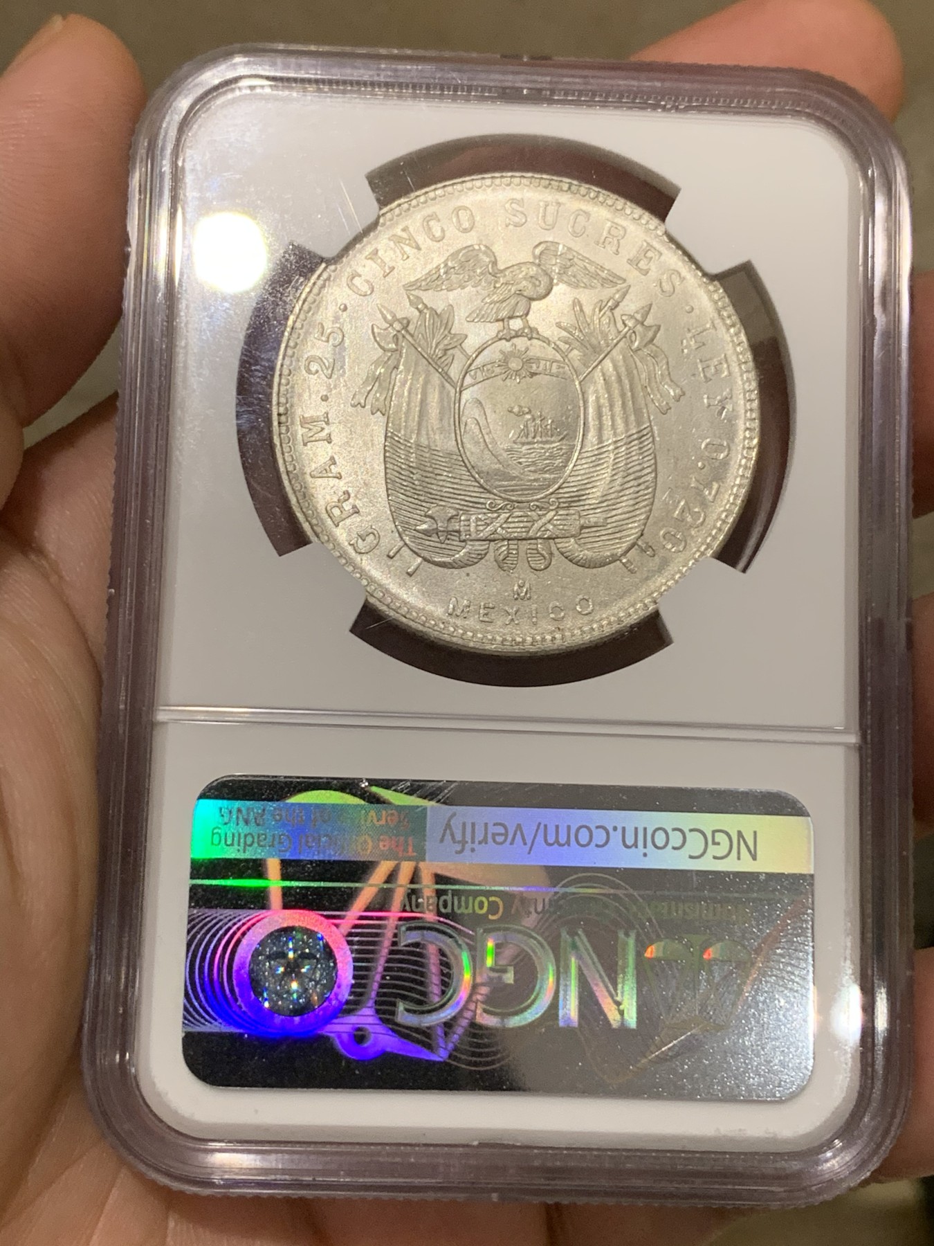 《竞宝斋》第192场-周日，周一 2场 (全场包邮) NGC-MS63 厄瓜多尔1944年5苏克雷银币 bu车轮光