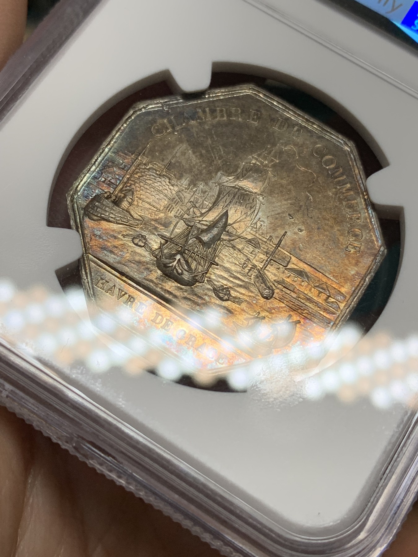 《竞宝斋》第192场-周日，周一 2场 (全场包邮) NGC MS62 法国海港商贸八角银质代币