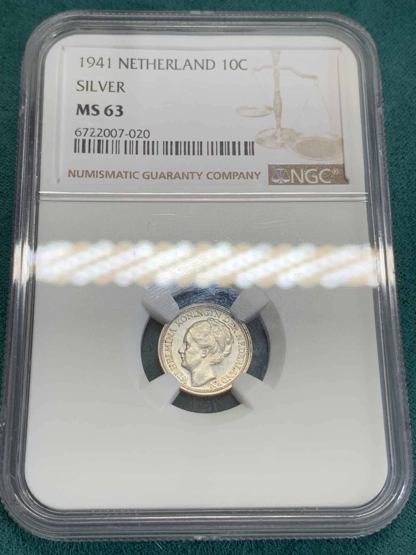《竞宝斋》第192场-周日，周一 2场 (全场包邮) NGC MS63 荷兰威廉明娜女王1941年10分小银币