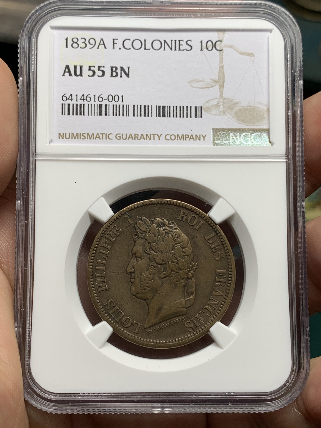 《竞宝斋》第192场-周日，周一 2场 (全场包邮) NGC-AU55BN 1839年法属殖民地菲利普10分大铜币，非常厚重，手感极佳。稀见菲利普头像大铜，殖民地流通，仅发行4年，此为首年份。 (可拍侧边图)