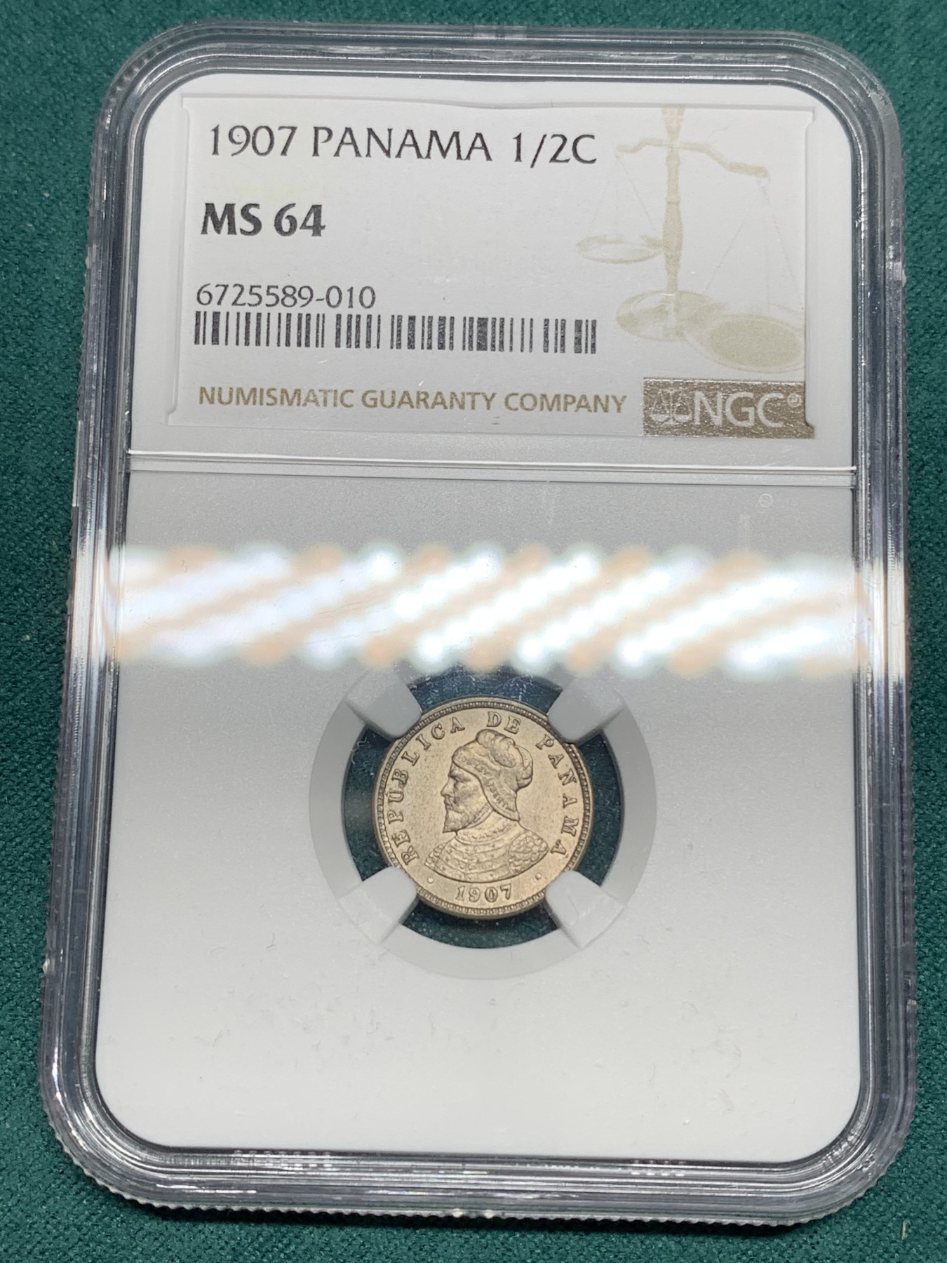 《竞宝斋》第192场-周日，周一 2场 (全场包邮) NGC-MS64 巴拿马 1907年 1/2分 镍币