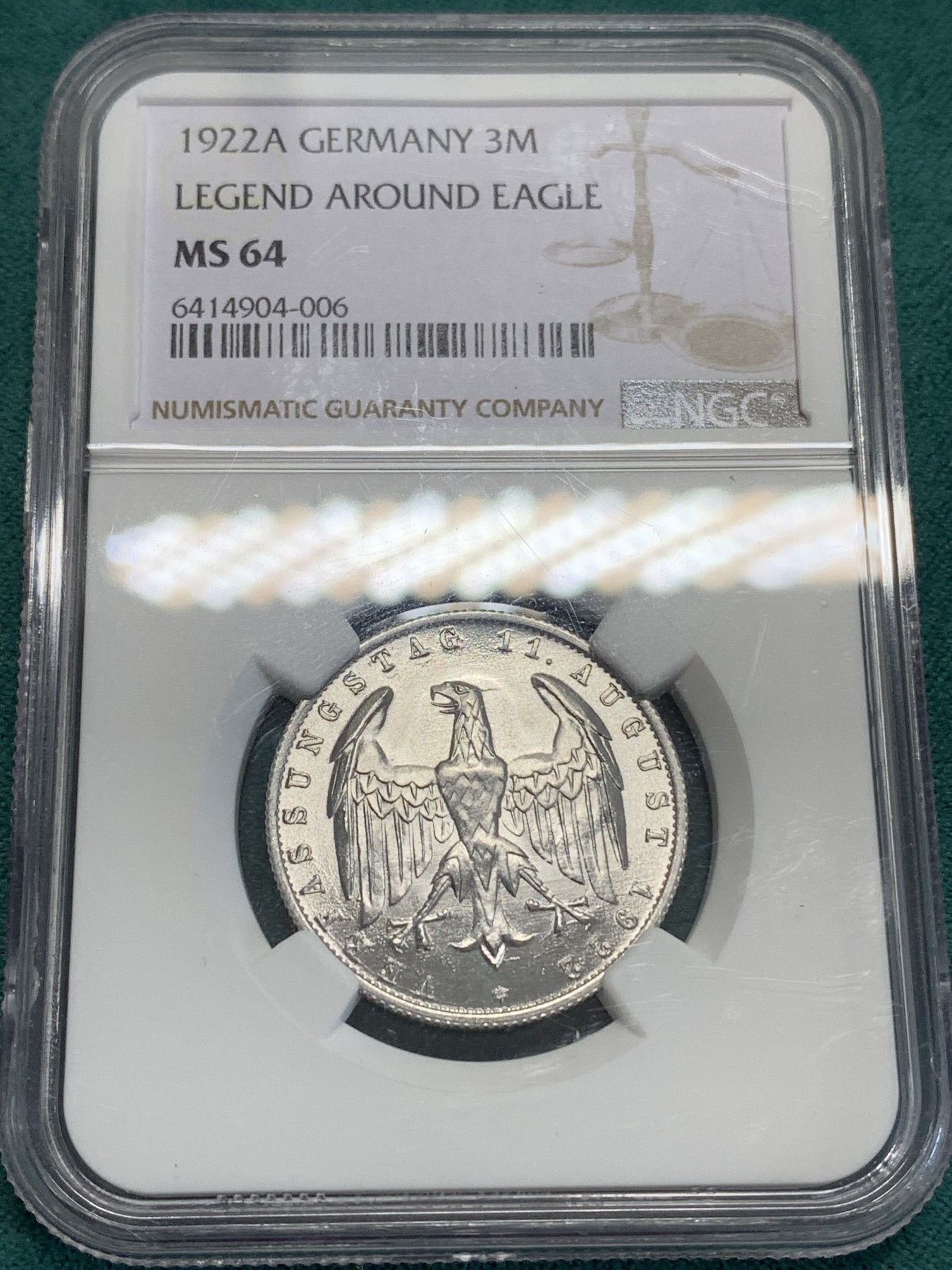 《竞宝斋》第192场-周日，周一 2场 (全场包邮) NGC MS64 德国1922年3马克铝币