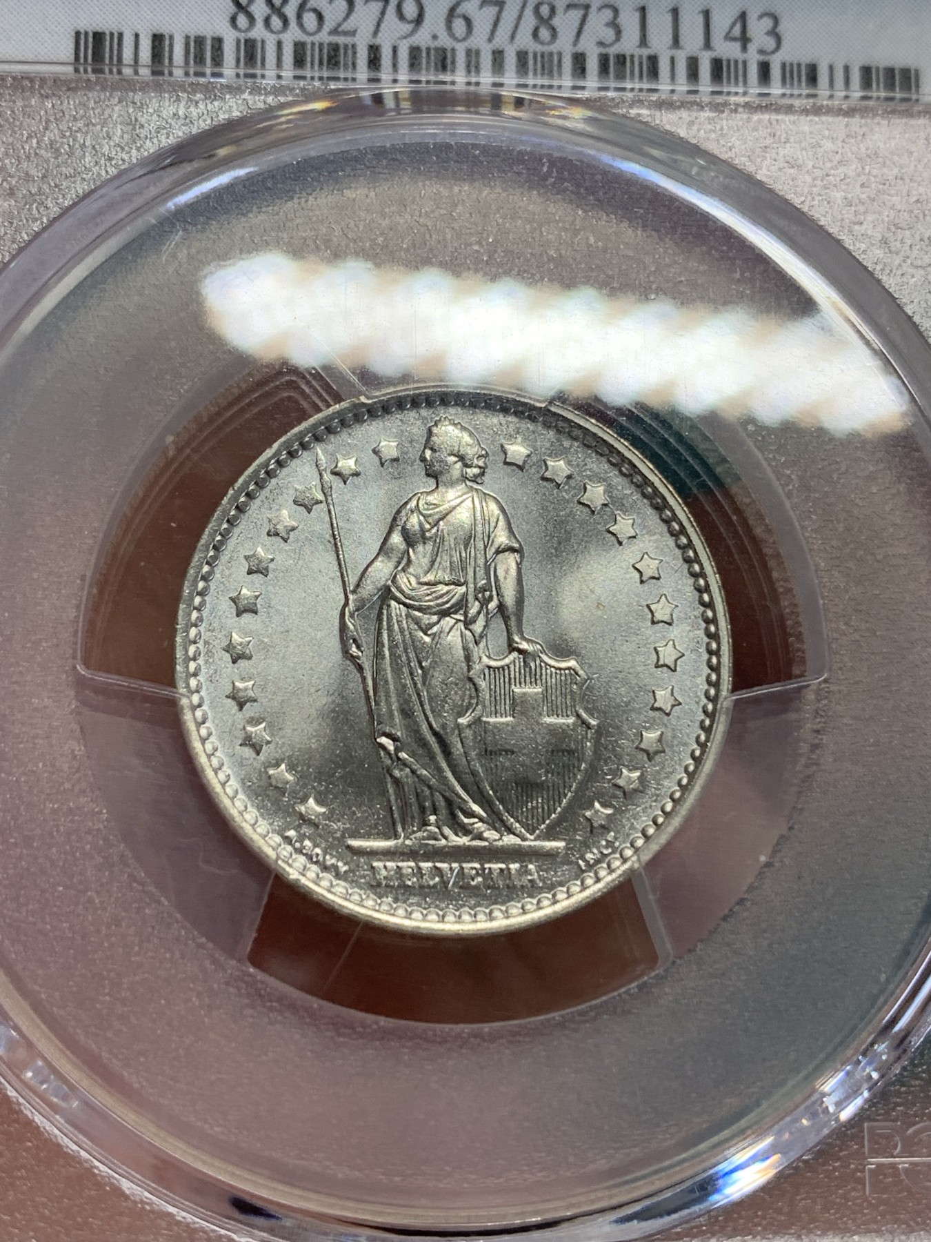 《竞宝斋》第192场-周日，周一 2场 (全场包邮) PCGS MS67 1967B 瑞士1法郎银币 超高分 1法郎关门银币