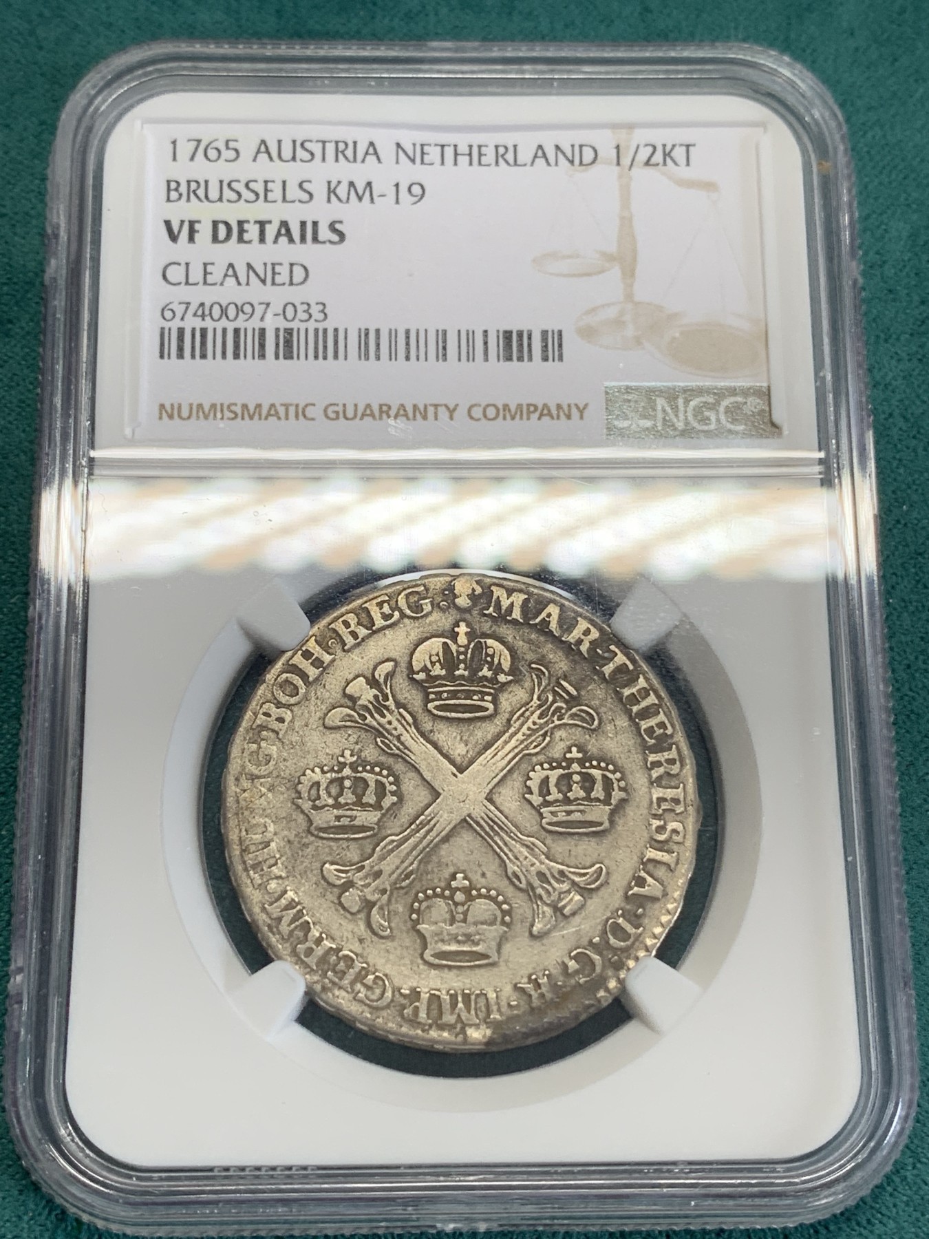 《竞宝斋》第192场-周日，周一 2场 (全场包邮) NGC VF 奥属尼德兰1765年特蕾西娅女王时期1/2泰勒 深打原味 低评状态