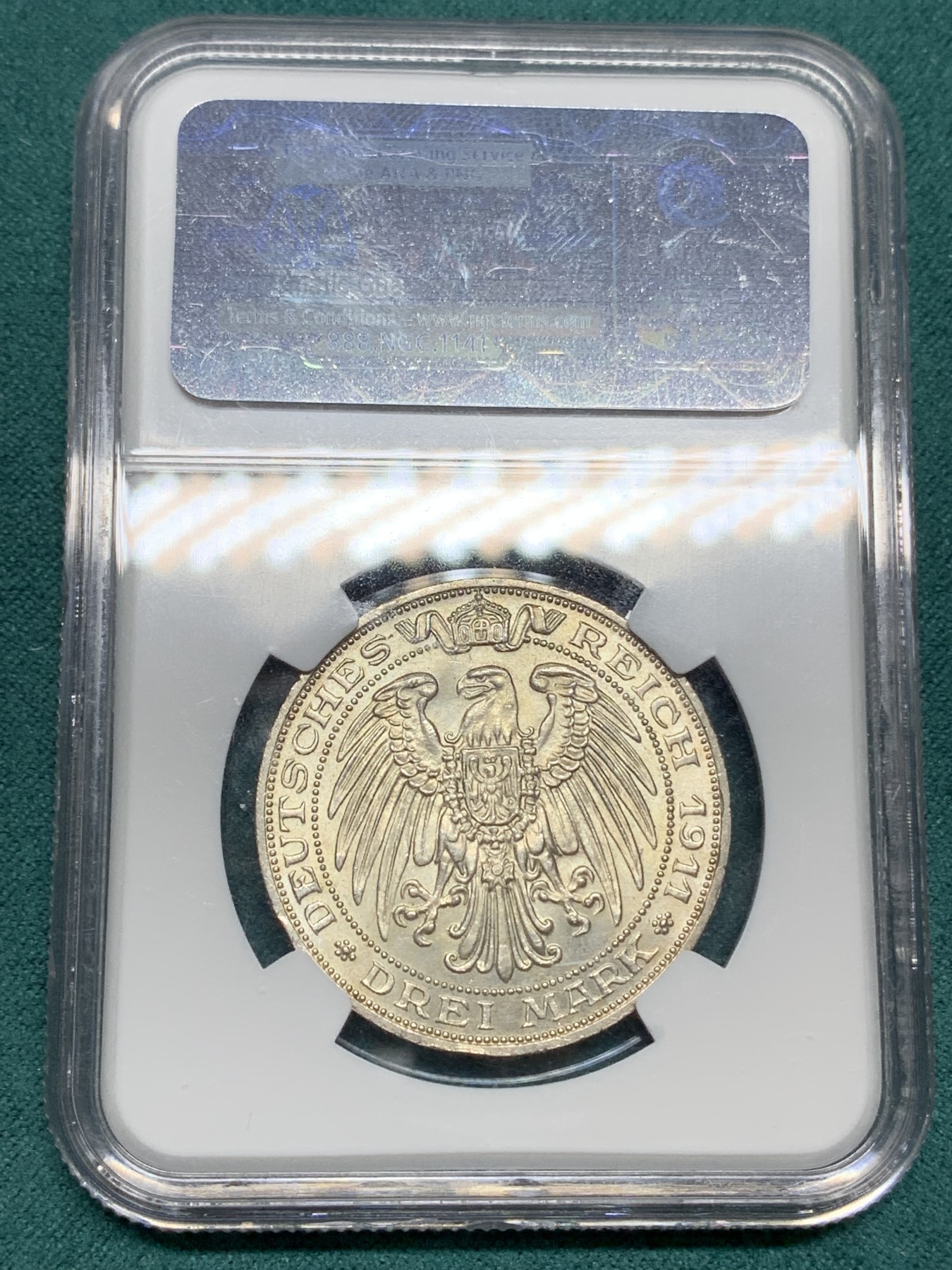 《竞宝斋》第192场-周日，周一 2场 (全场包邮) NGC-MS64 德国普鲁士 1911年 布雷斯劳大学 3马克银币